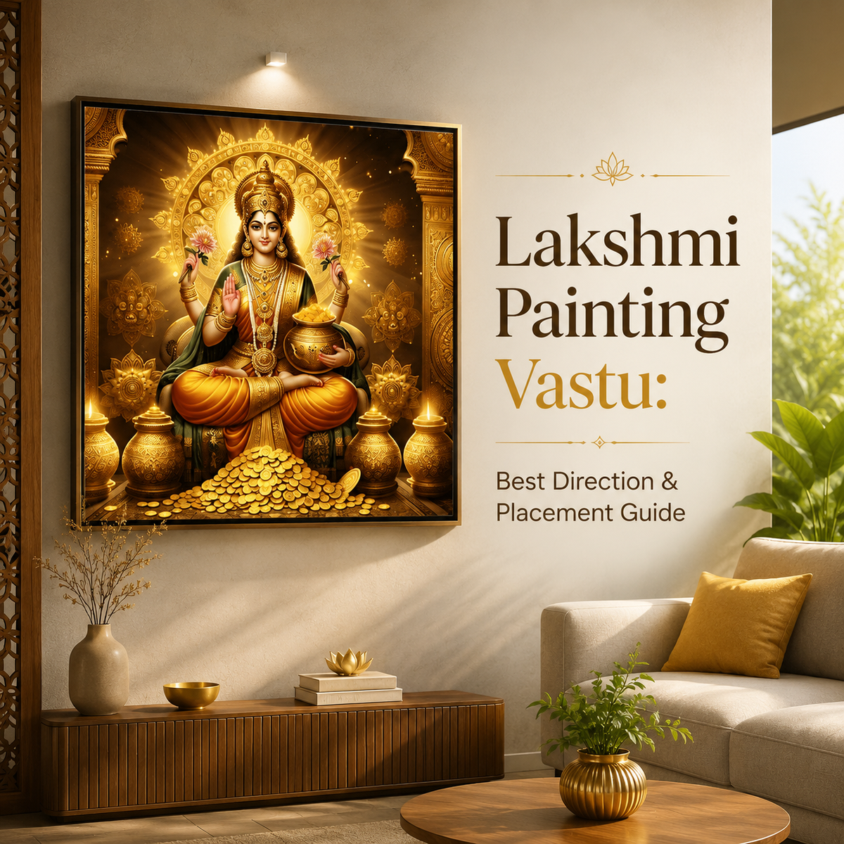 Lakshmi painting Vastu banner showing a framed Goddess Lakshmi wall art in an elegant modern Indian living room, with the title “Lakshmi Painting Vastu: Best Direction & Placement Guide.”