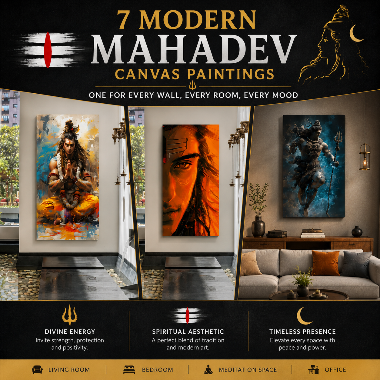 Collection of modern Mahadev canvas paintings displayed in stylish home interiors, showcasing different moods of Lord Shiva for living rooms, bedrooms, meditation spaces, and contemporary decor.
