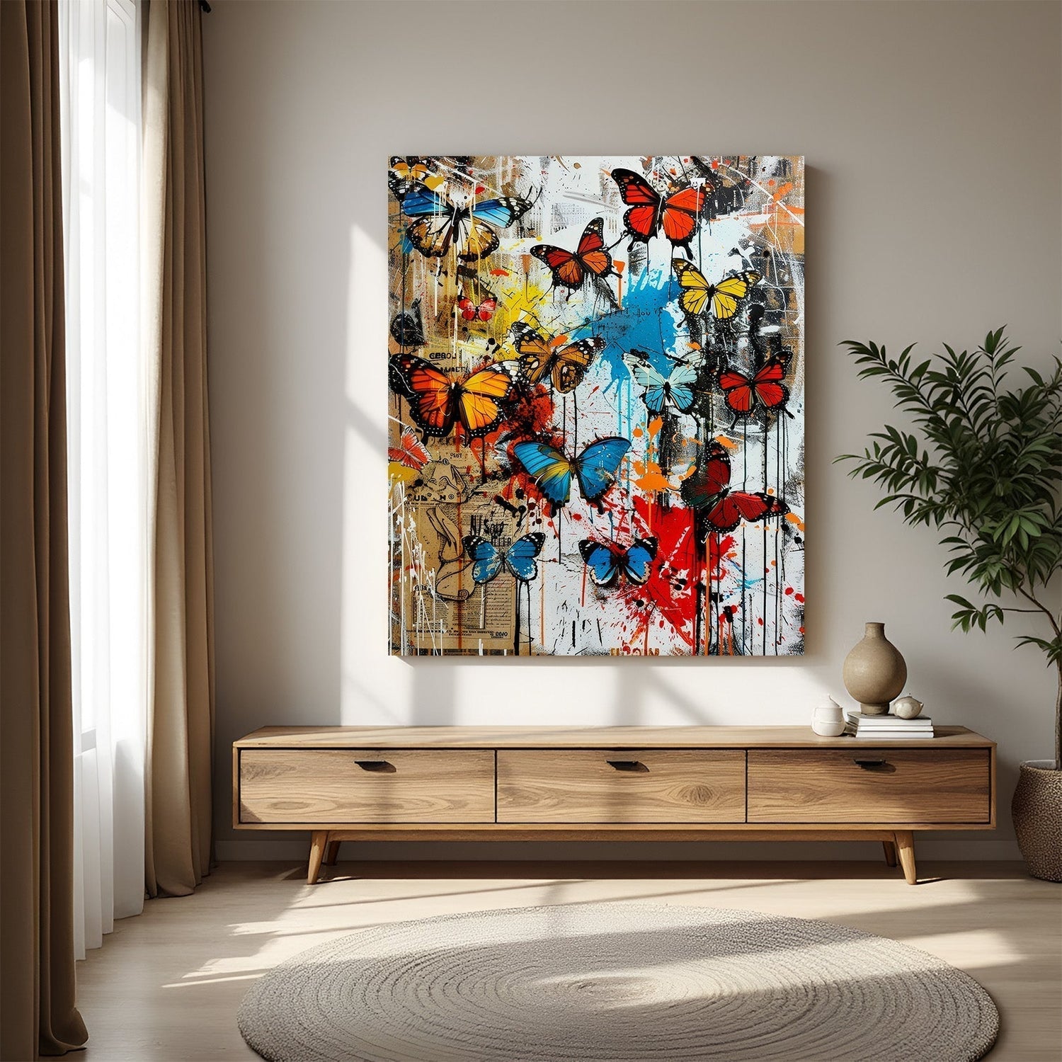 Abstract butterfly canvas wall art featuring vibrant colors, bold shapes, and flowing patterns—perfect for adding beauty, transformation, and energy to modern interiors