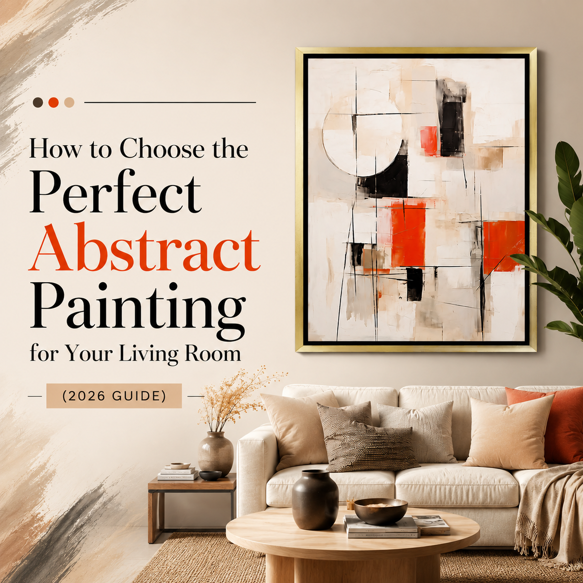 Abstract painting in a modern living room with neutral décor, illustrating how to choose the perfect abstract painting for your living room.