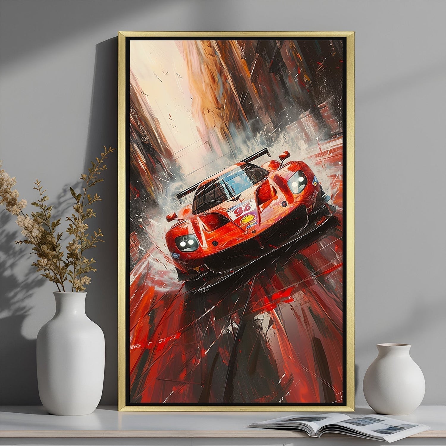 Red color car canvas wall art showing a fast-moving, stylish sports car in action—symbolizing speed, power, ambition, and energy—perfect for modern and bold home decor