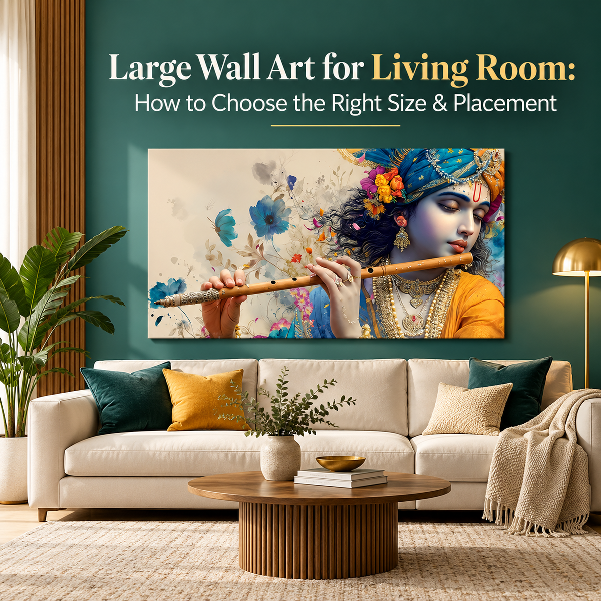 Large wall art for living room featuring Krishna canvas artwork above a modern sofa, showcasing elegant size and placement in contemporary decor.