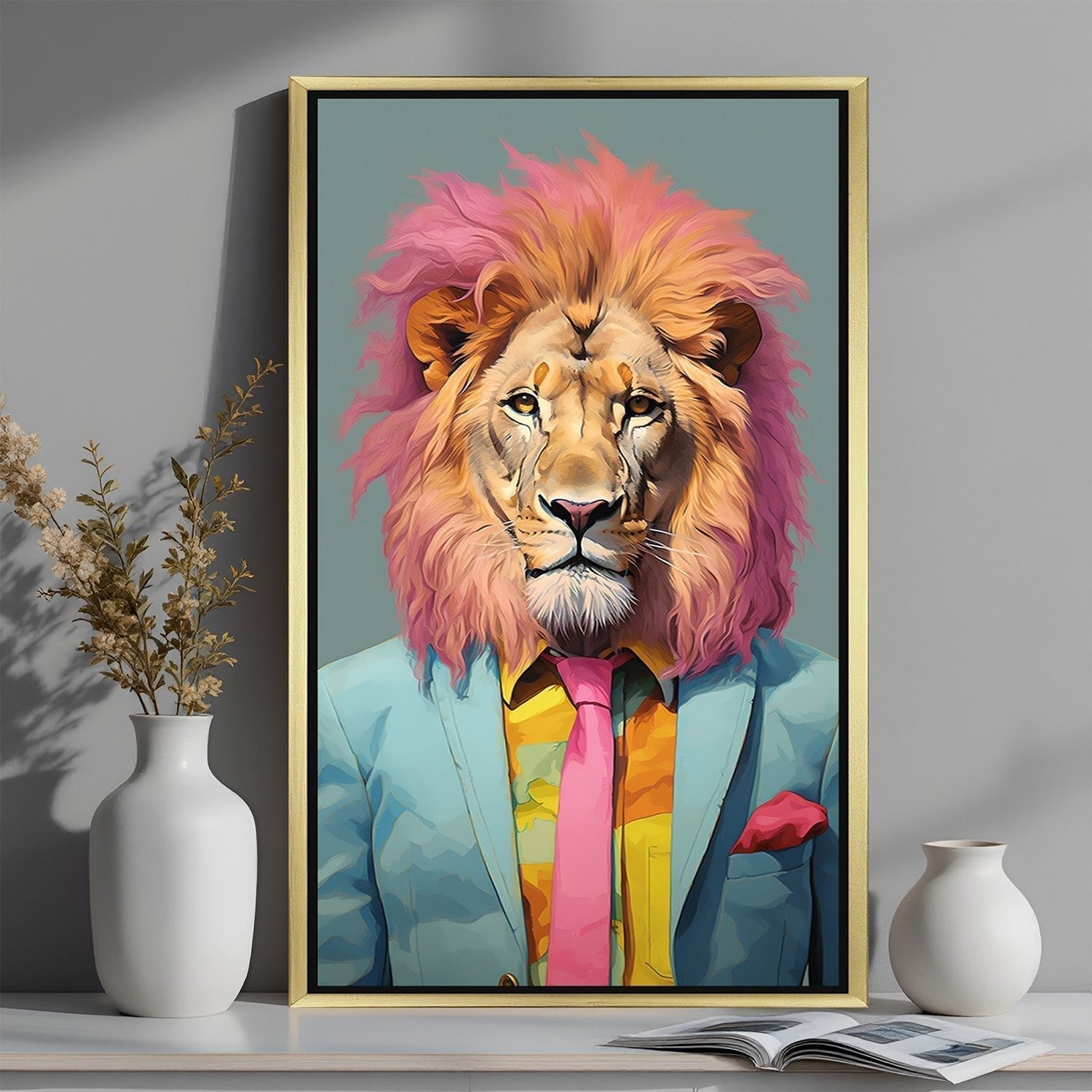 Canvas wall art featuring a lion head on a human body dressed in casual clothes, symbolizing strength, leadership, and bold personality—ideal for modern, powerful interior styling