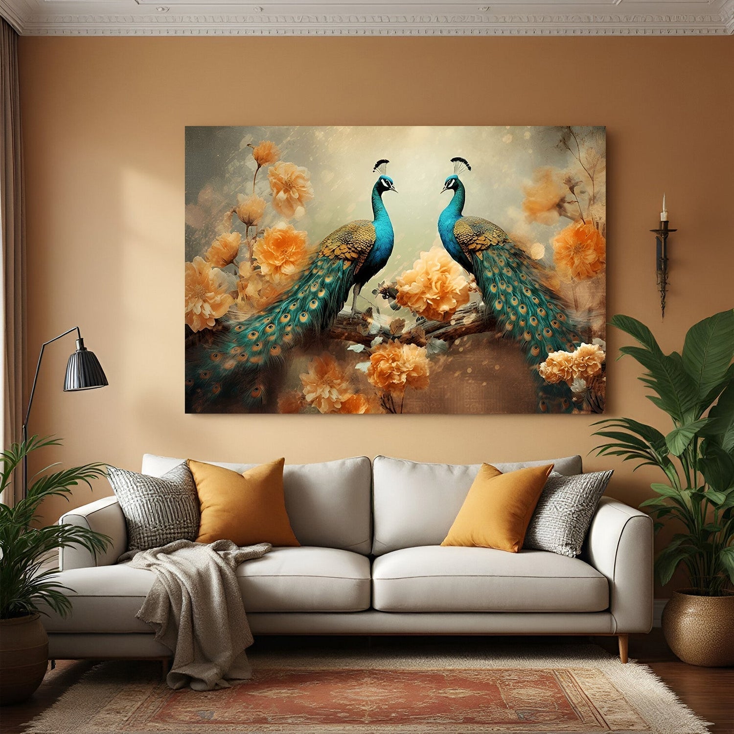 Peacock Vastu canvas wall art for couple bedroom wall decor showing two peacocks symbolizing love and harmony