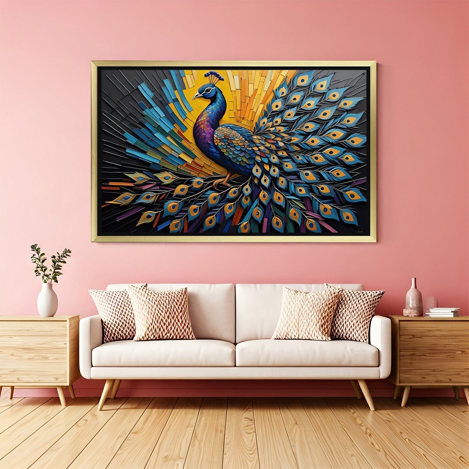 peacock canvas wall art with multicolor wings and framed in golden floater frame for a premium feel