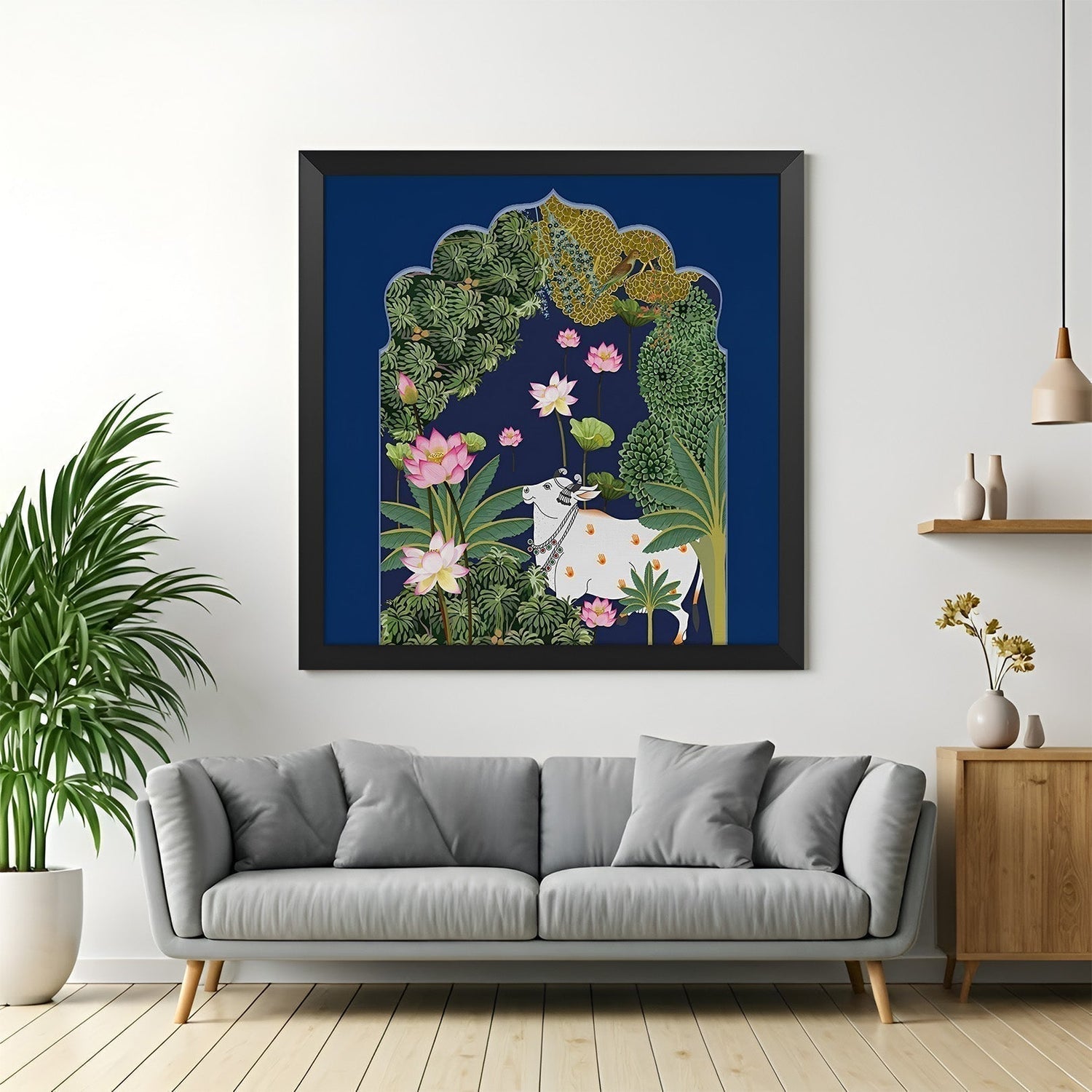 Pichwai cow canvas wall art reflecting devotion, purity, and prosperity, placed as per Vastu to bring spiritual grace and harmony into the home