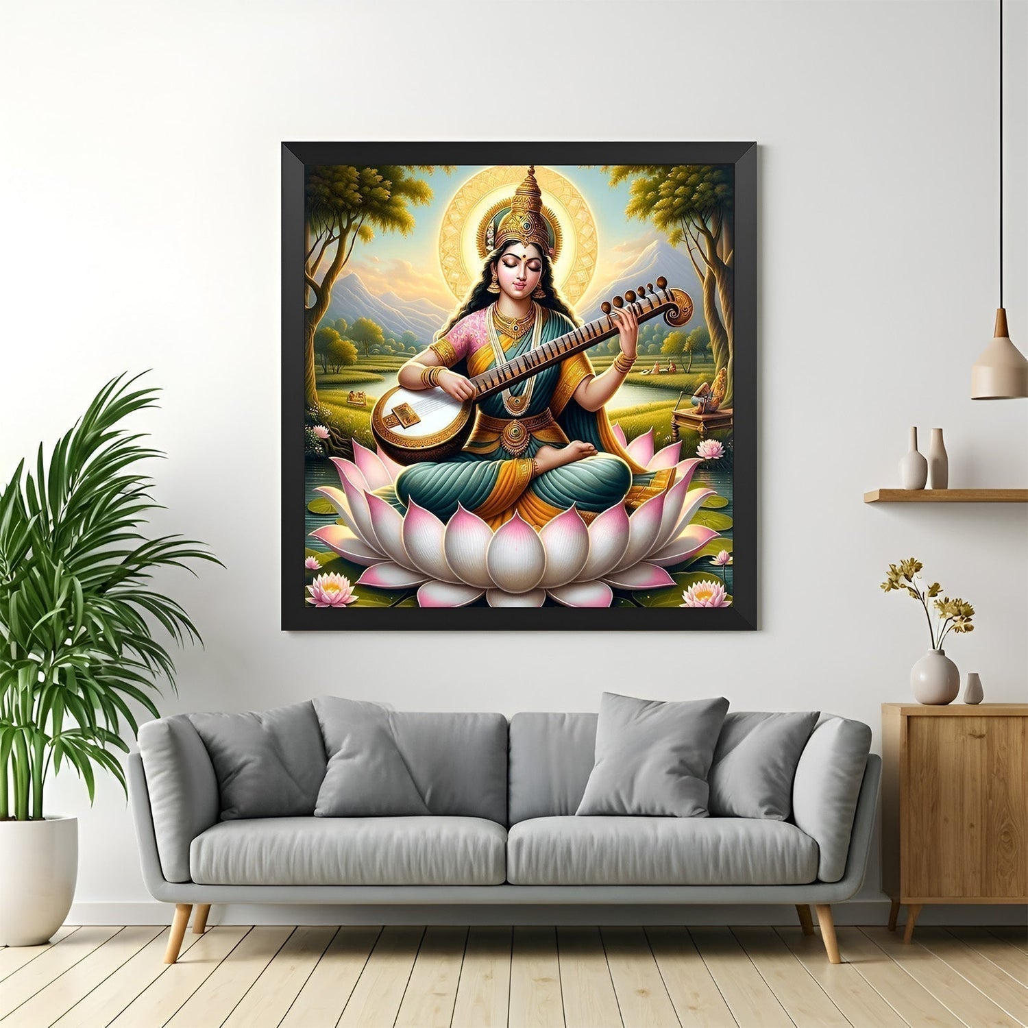Saraswati Maa canvas wall art symbolizing wisdom, learning, and purity, placed as per Vastu to enhance focus, peace, and creative energy at home