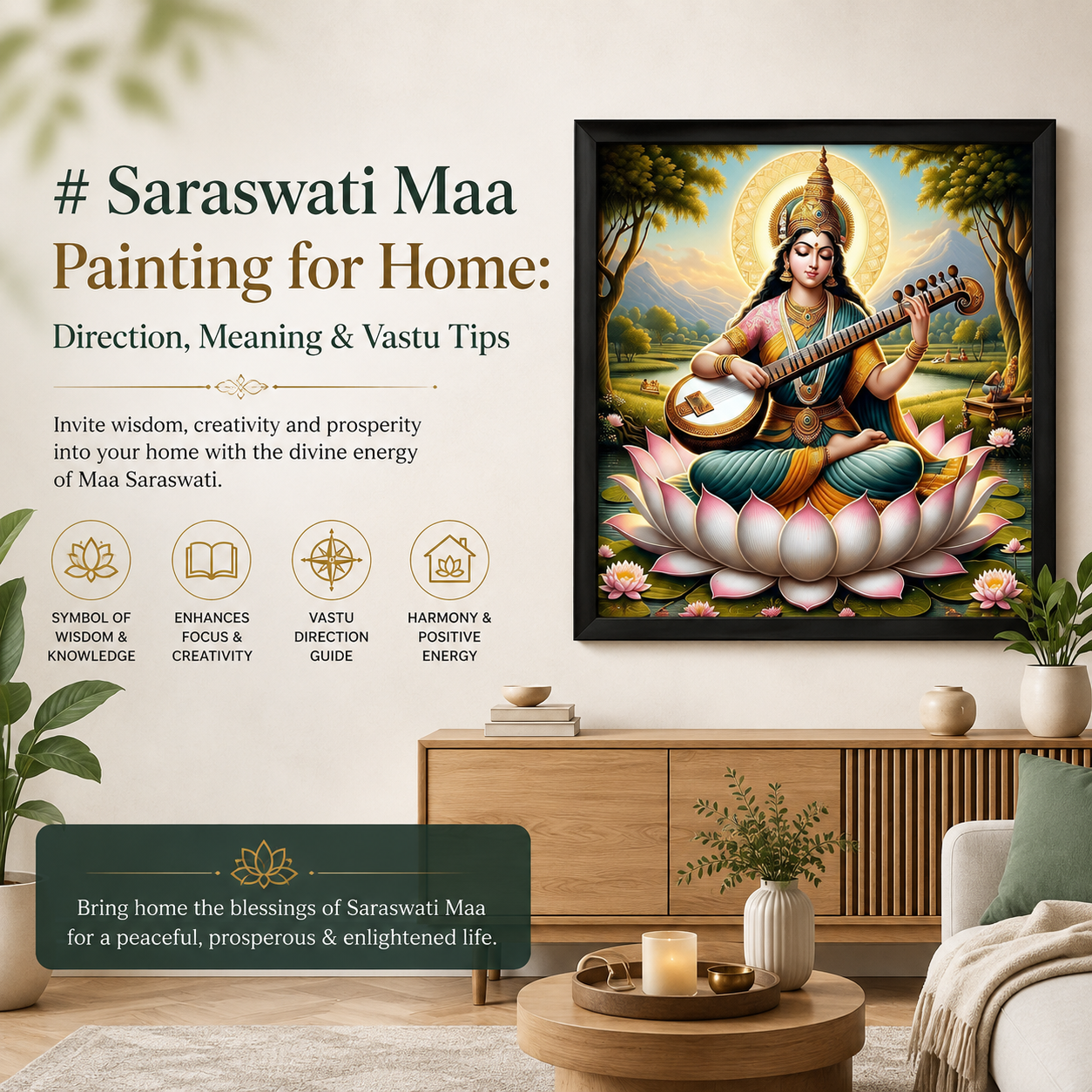Saraswati Maa painting displayed in a modern home, with Vastu direction, meaning, wisdom, creativity, and positive energy themes for home decor.