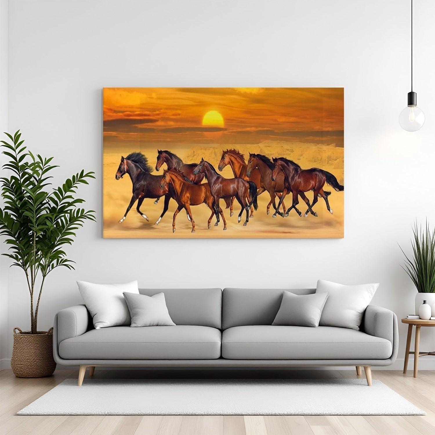 Canvas wall art of seven running horses in motion, symbolizing speed, progress, and Vastu harmony—ideal for attracting success and forward momentum