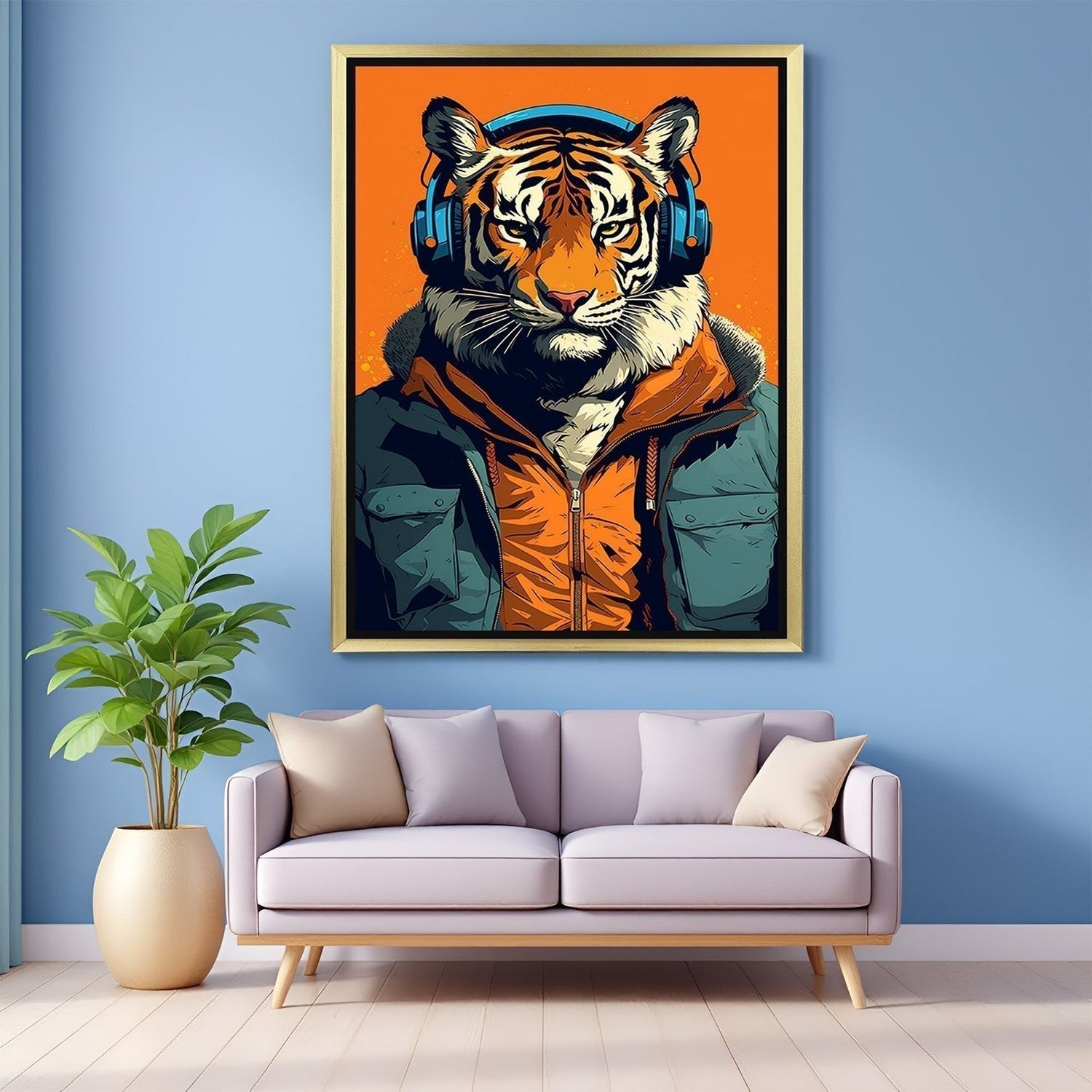 Canvas wall art of a human body with a tiger head, casually dressed and wearing headphones, symbolizing power, individuality, and bold modern expression—perfect for contemporary and eclectic interiors