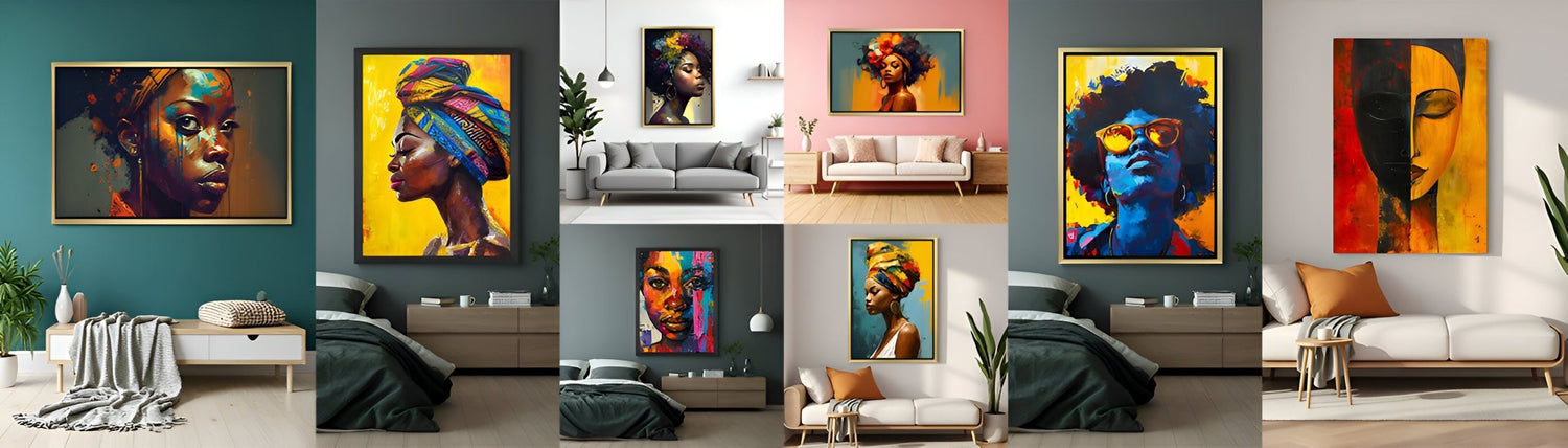 A collection of African canvas wall art featuring tribal portraits, abstract African women, cultural patterns, and ethnic designs, displayed together for modern Afrocentric home and gallery wall decor.