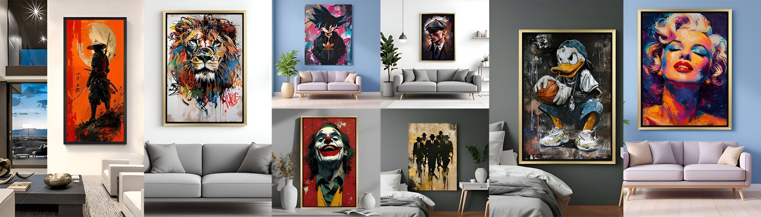 A collection of modern art wall paintings displayed together—featuring abstract, pop, altered, and minimalist canvas prints for stylish home and office decor.