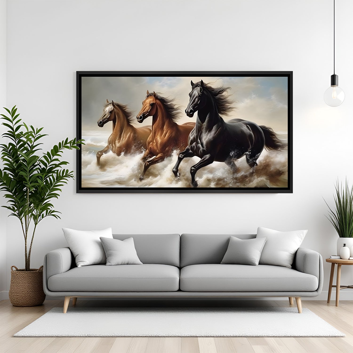 3 running horses Vastu horse painting in black floater frame for modern home décor