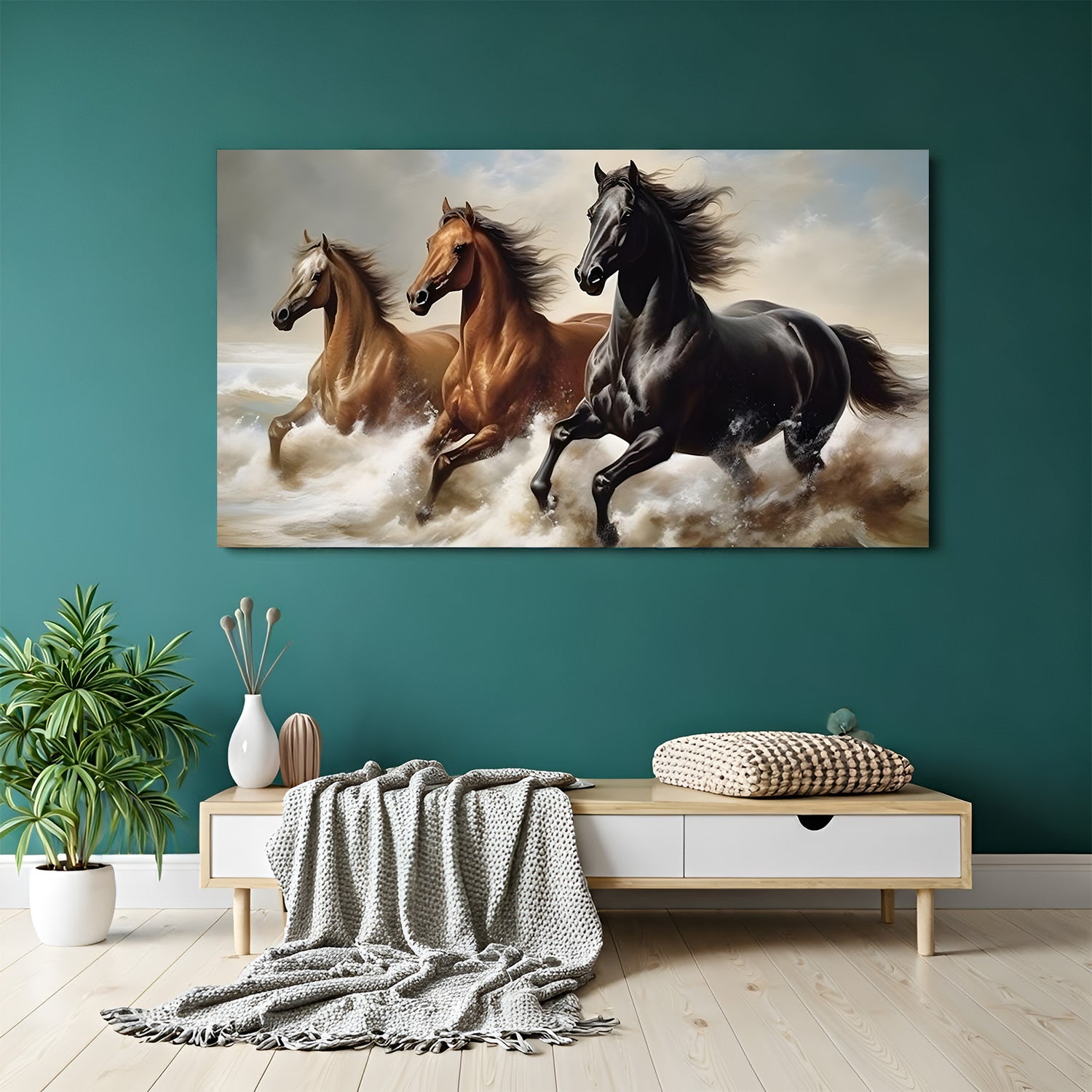 Three running horses Vastu canvas wall art in gallery wrapped frame for living room