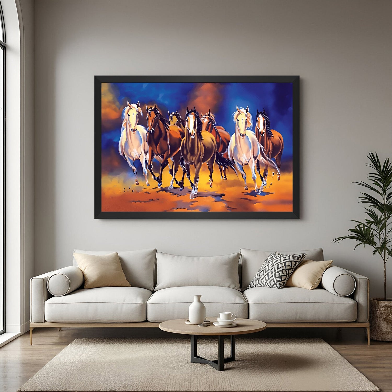 7 horses canvas painting in black floater frame for modern and Vastu-compliant home and hotel wall decor