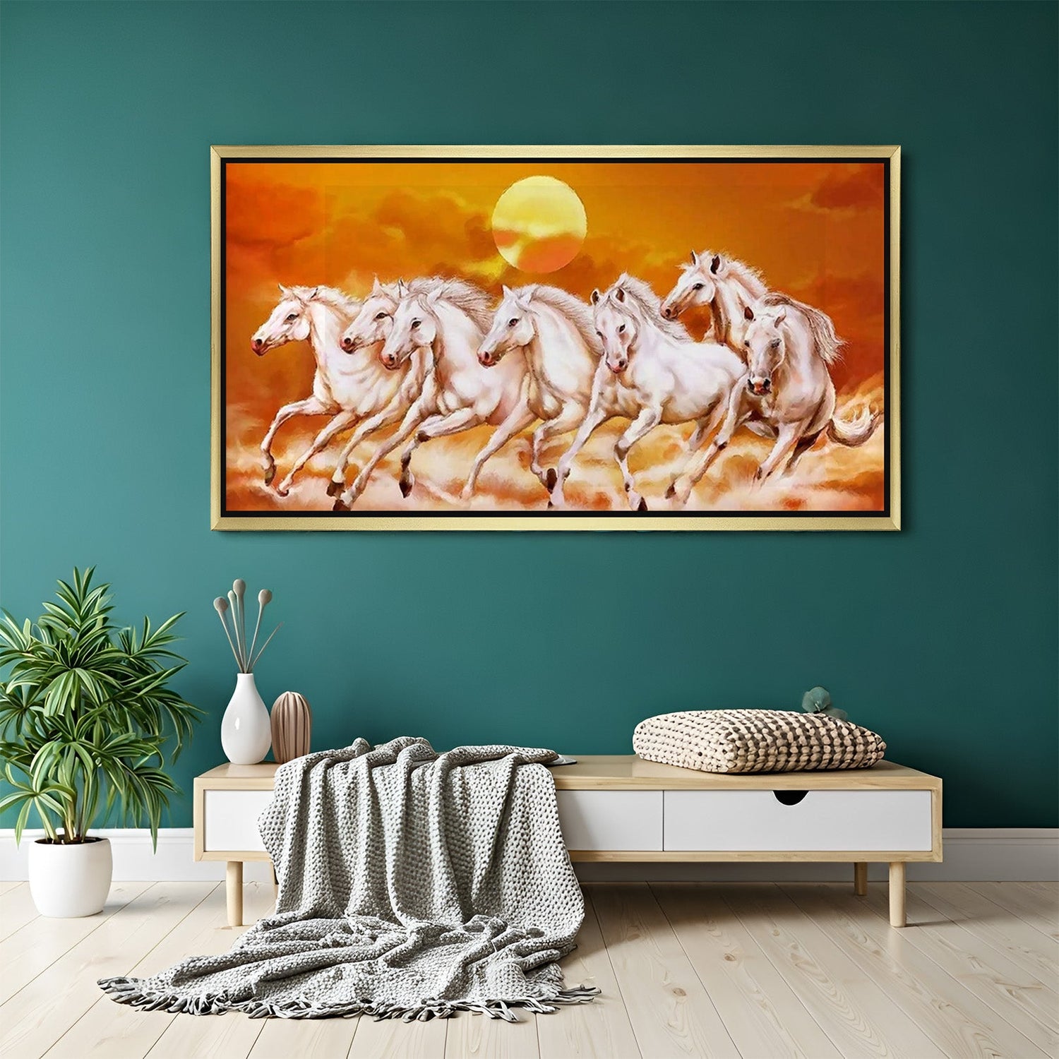 Golden frame seven horses wall art for positive aura and growth in home decor