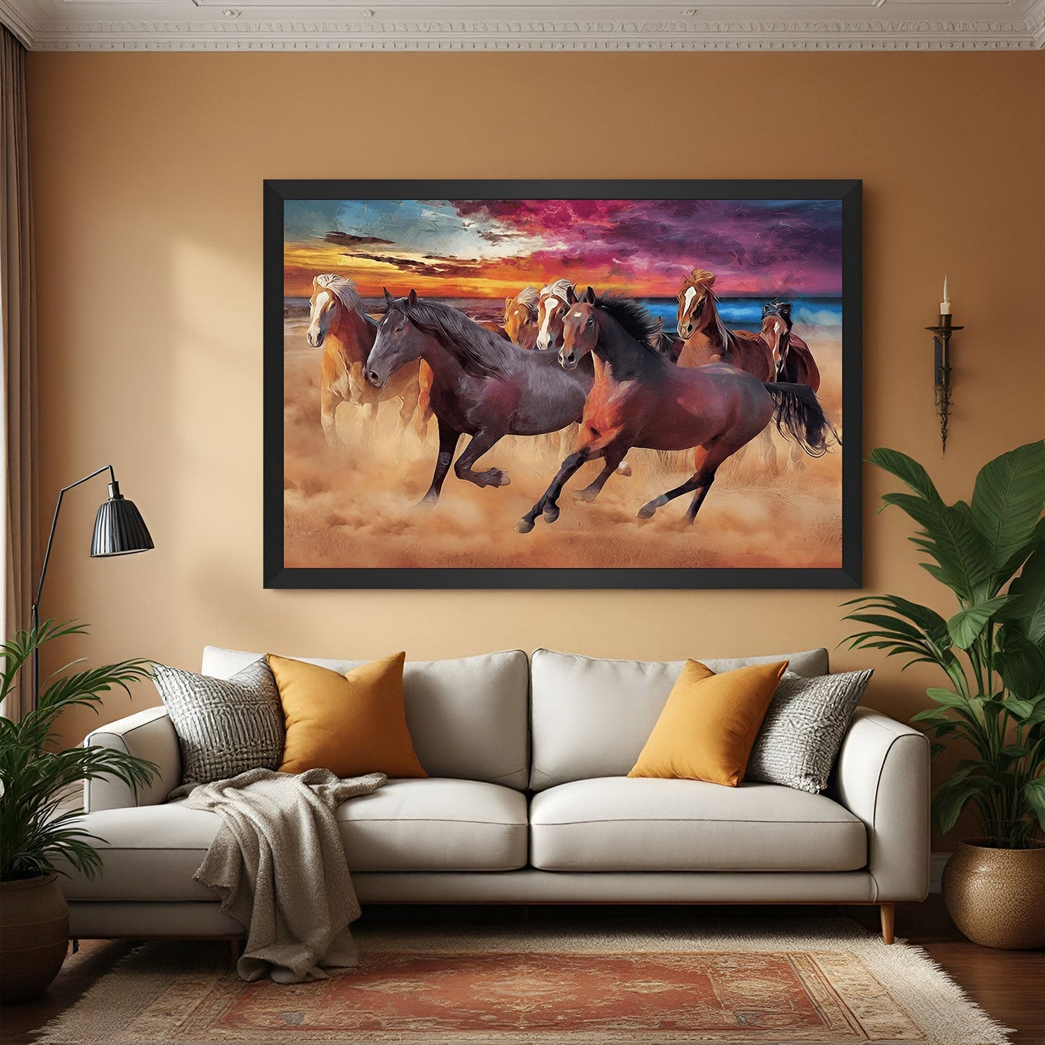 7 Running Horses Vastu Canvas in black floater frame for positive energy, growth, and success in home or office decor