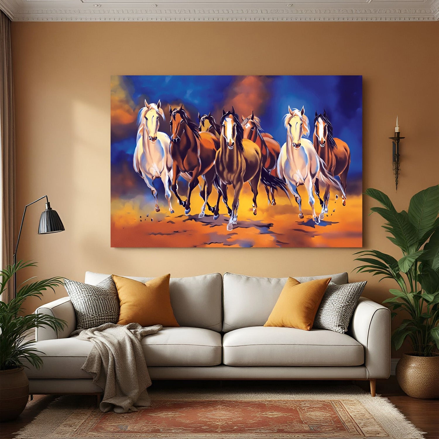 Seven horses canvas wall art symbolizing prosperity and motion for Vastu-based home and hotel interiors