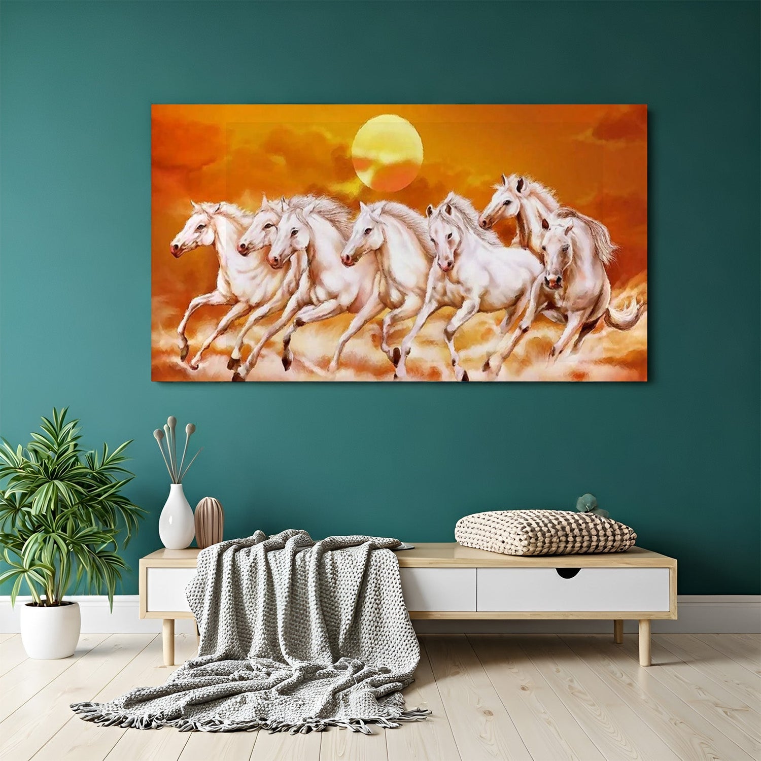 Seven horses canvas wall art for positive aura and success in Vastu home interiors