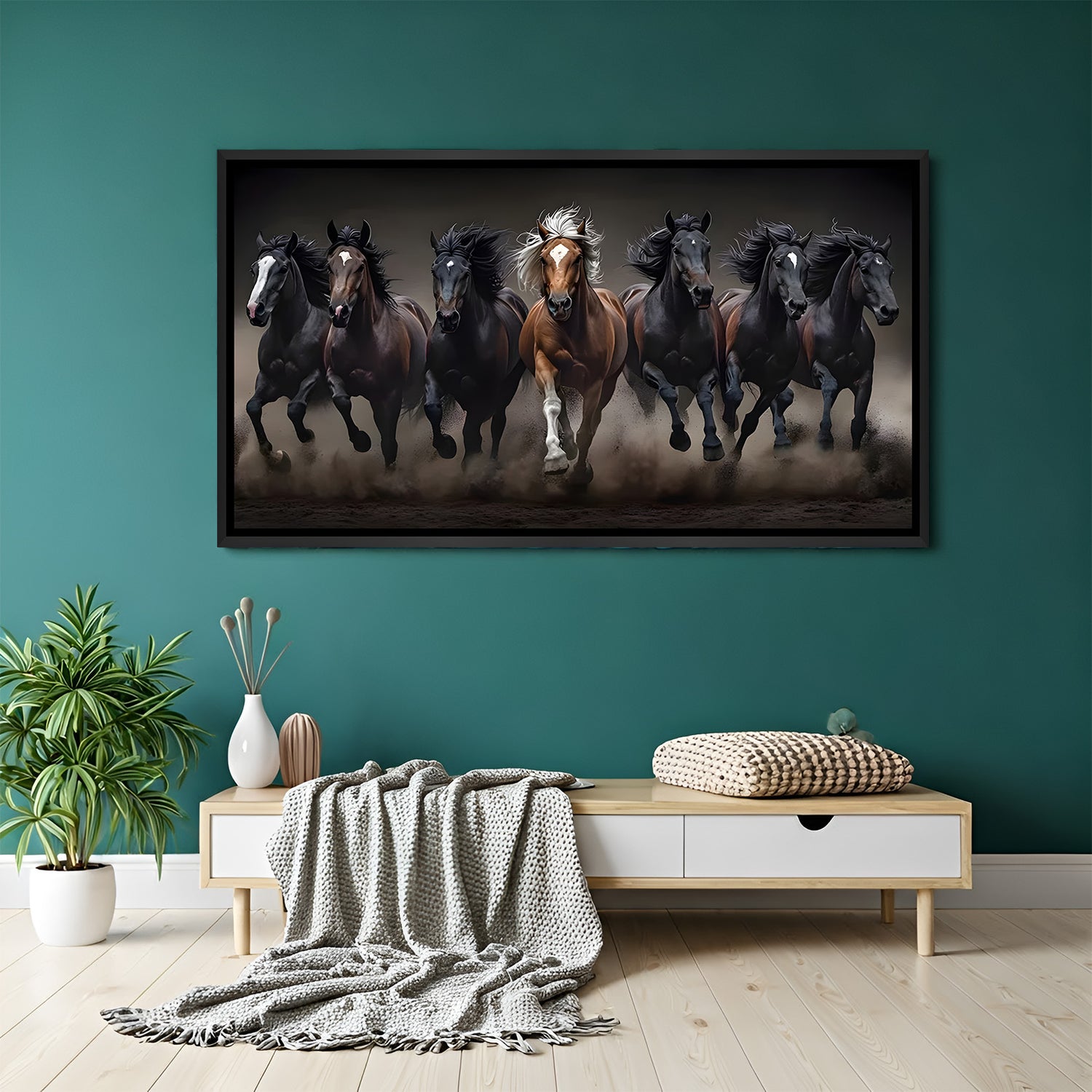 Seven running horses painting in black floater frame for modern home décor