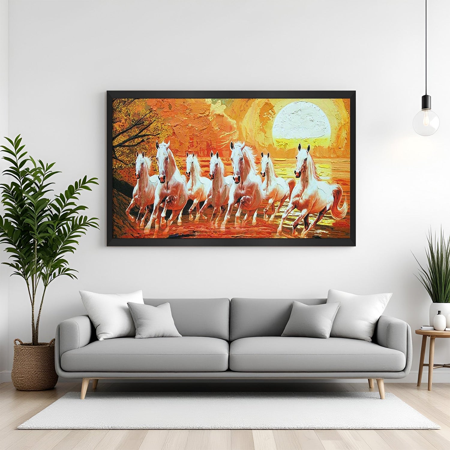 7 horses canvas painting in black floater frame for professional and dynamic Vastu office and home wall decoration