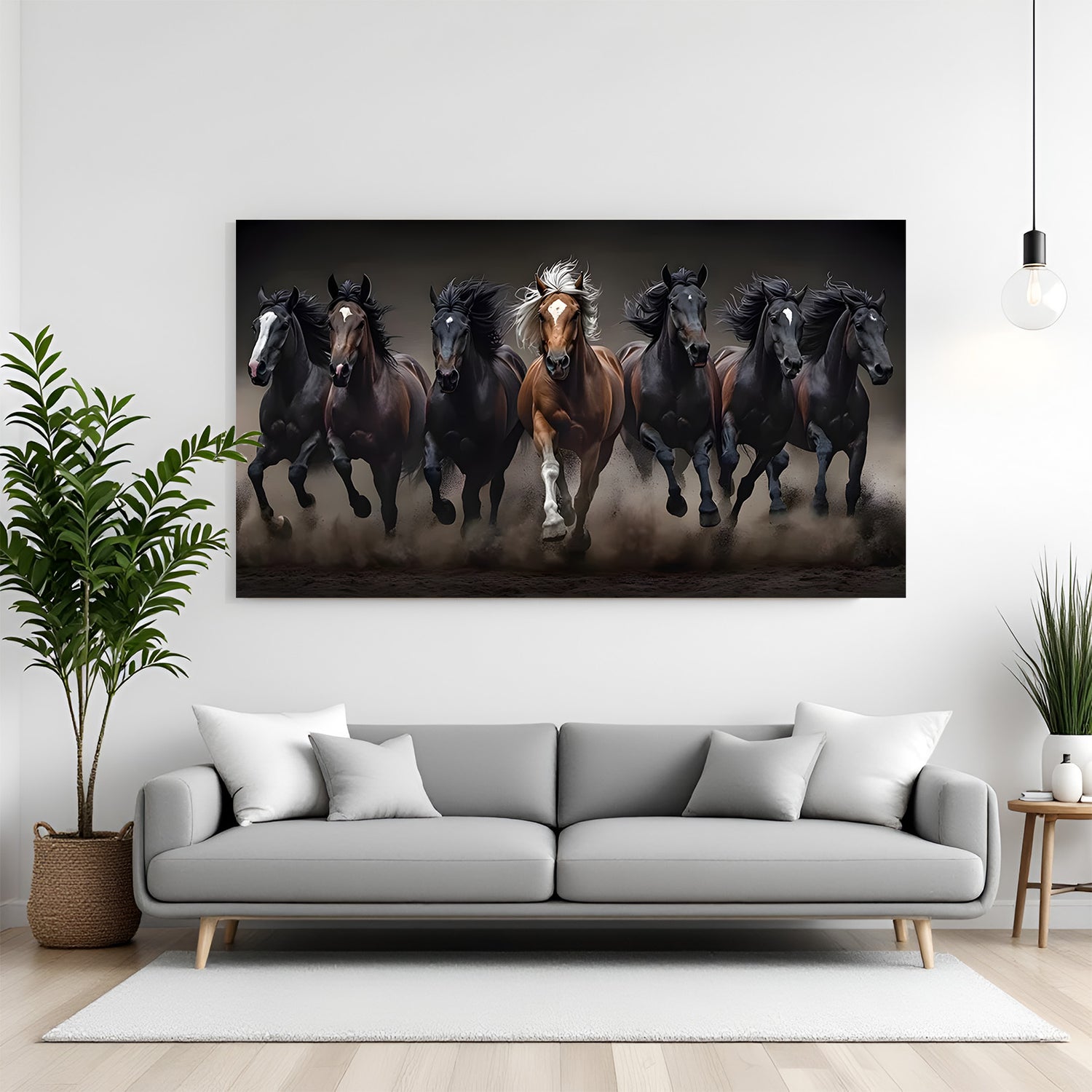 7 running horses Vastu canvas wall art with dark background for living room