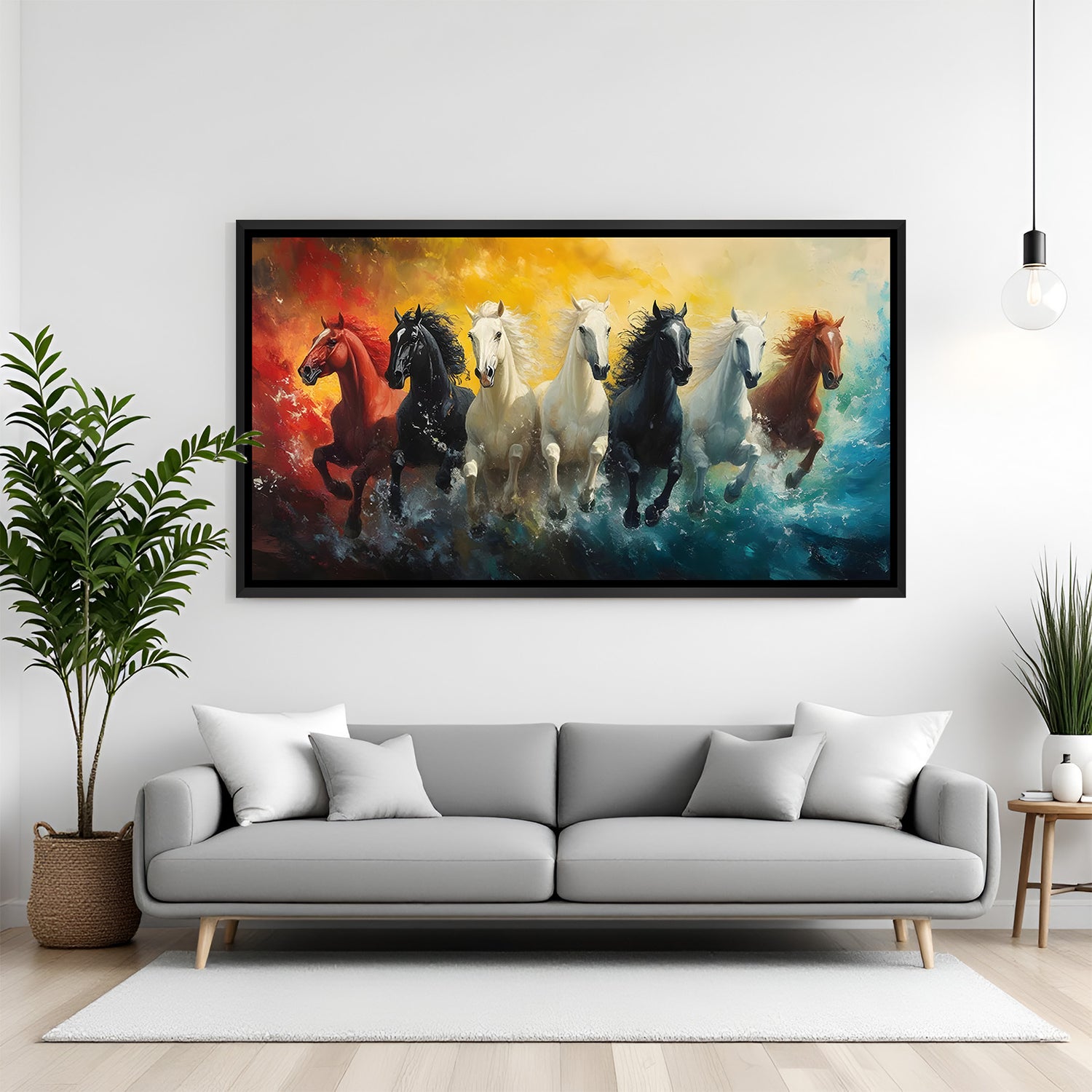 Seven running horses colourful painting in black floater frame for office and home decor