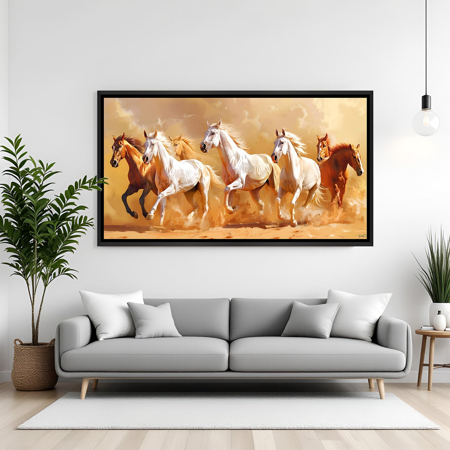 Seven running horses golden Vastu painting in black floater frame for office wall