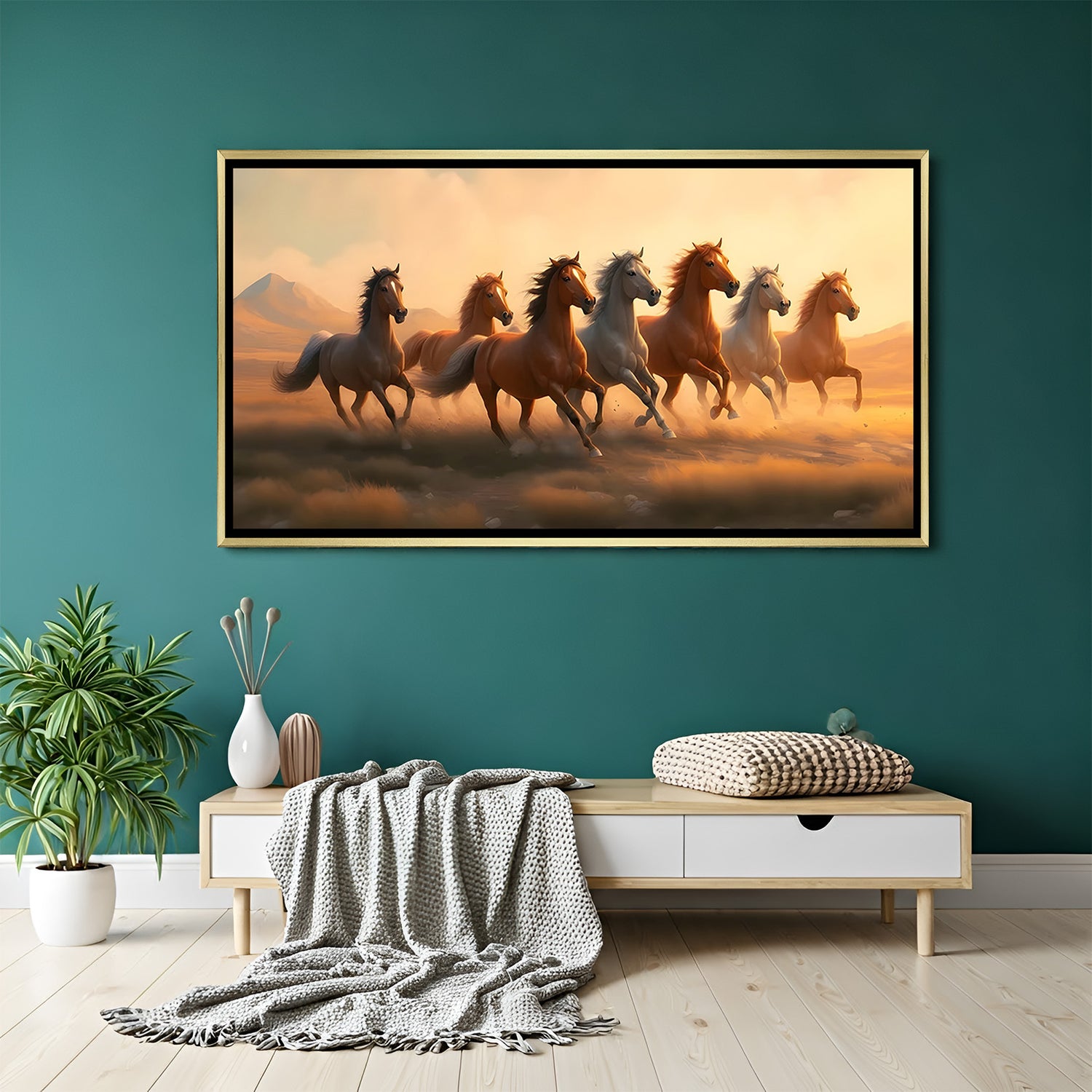 7 running horses vastu painting in golden floater frame symbolising success and prosperity