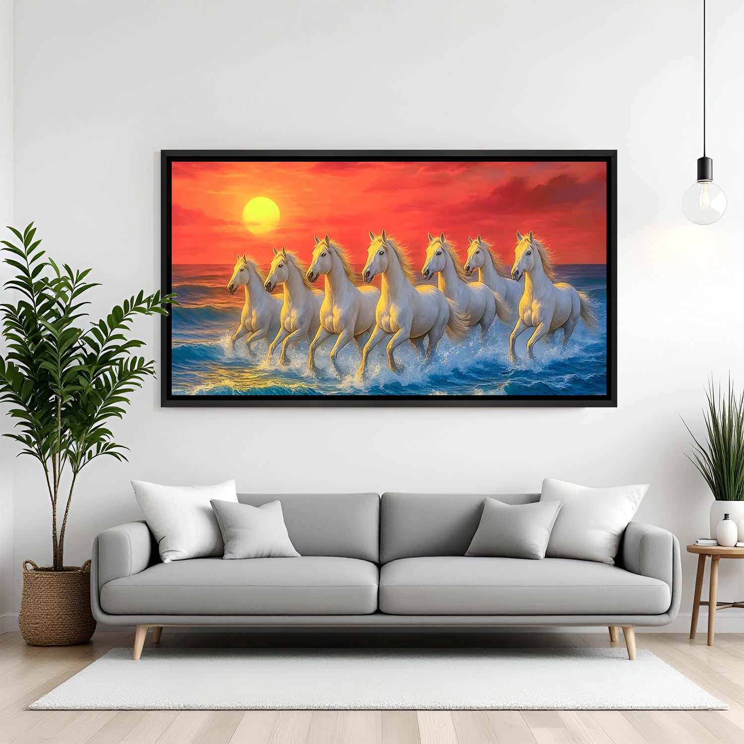 7 running horses sunset Vastu horse painting in black floater frame for modern home décor