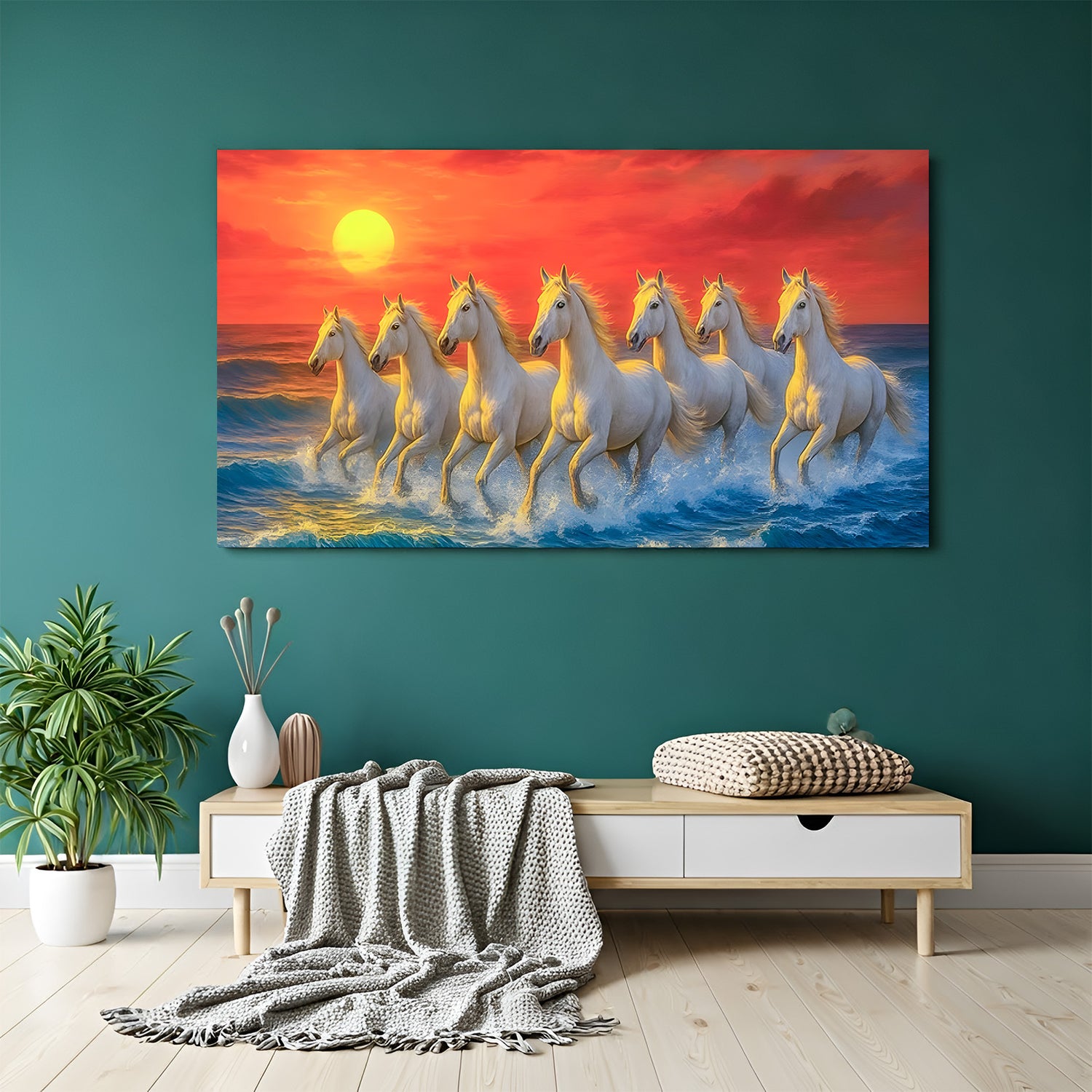 Seven running horses sunset Vastu canvas wall art in gallery wrapped frame style for living room