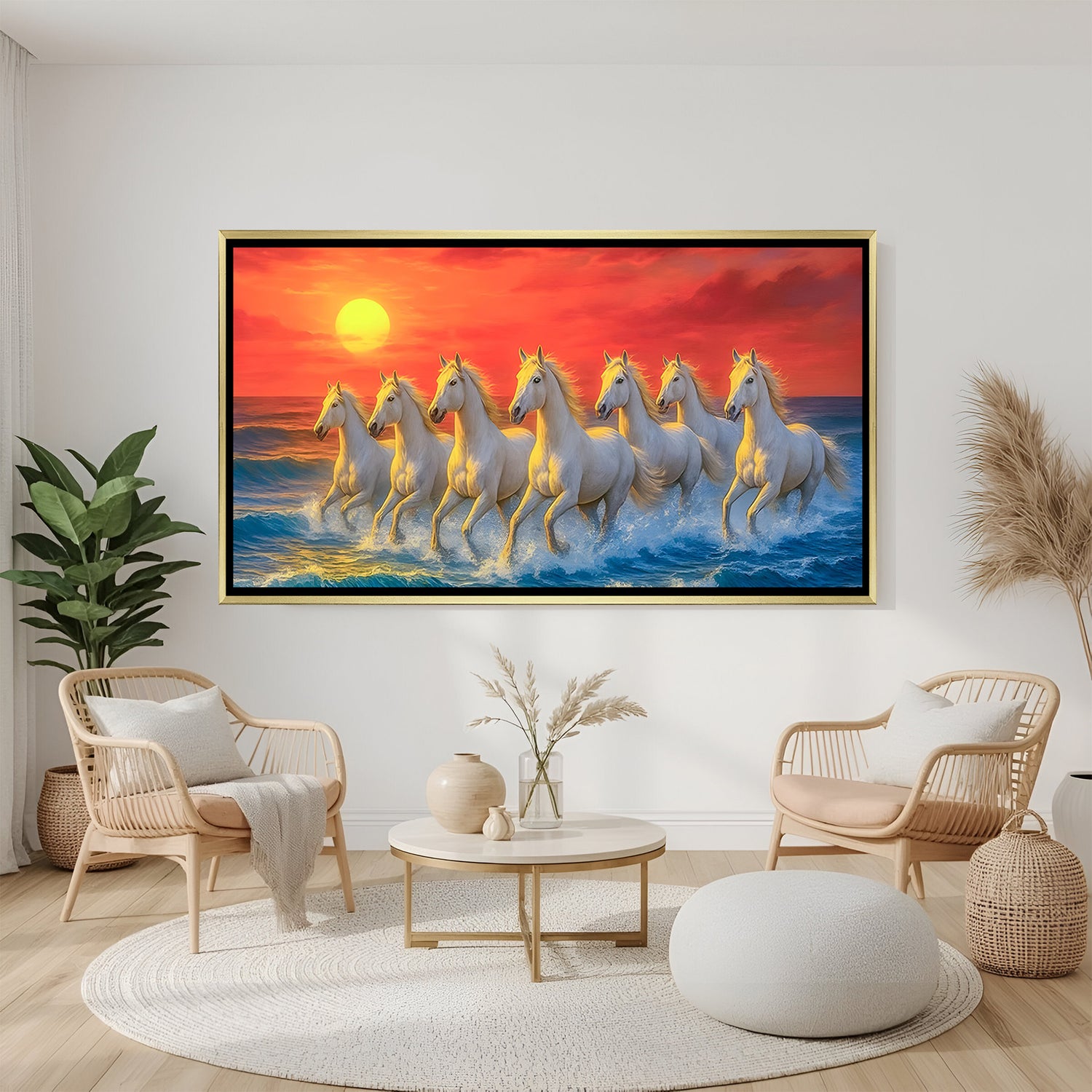 Seven white horses sunset canvas wall art in elegant golden floater frame for home and office