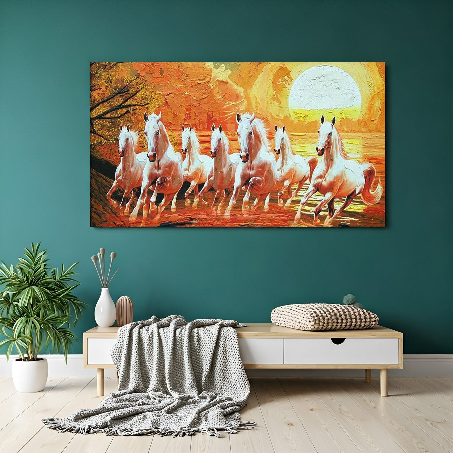 Seven running horses canvas wall art representing success and progress for Vastu-compliant home and office interiors