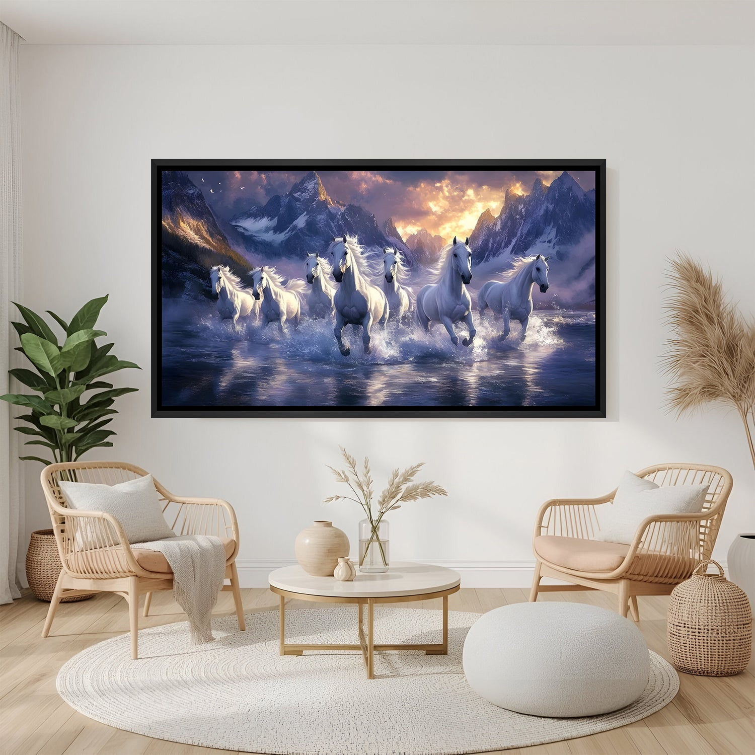 Seven white running horses painting in black floater frame for living room and office decor