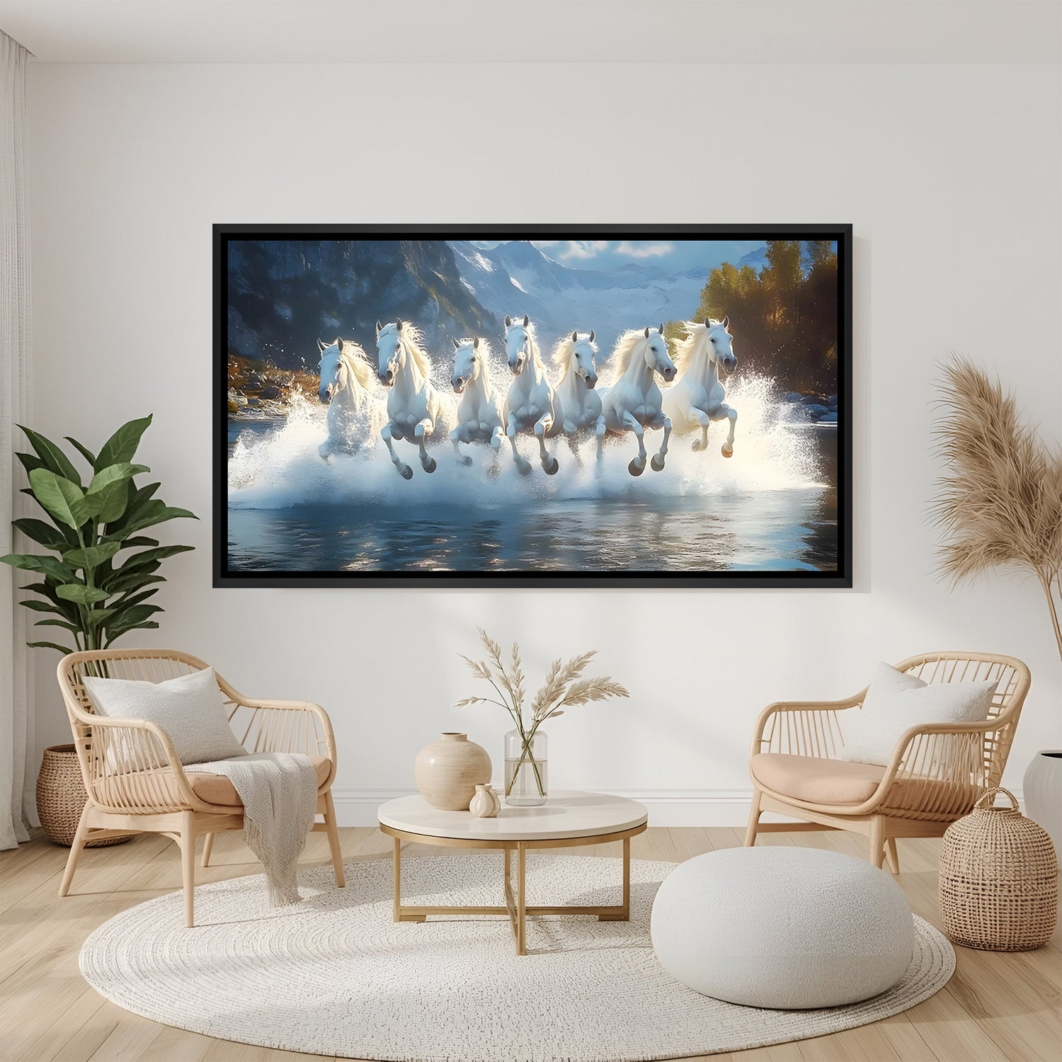 Seven white horses Vastu painting in black floater frame for living room décor