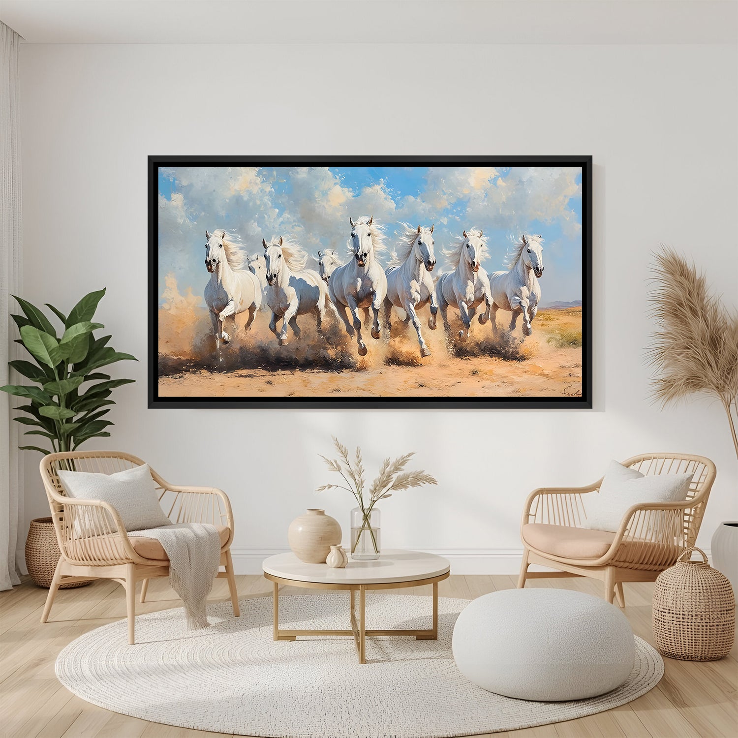 Seven white horses Vastu painting in black floater frame for office decor