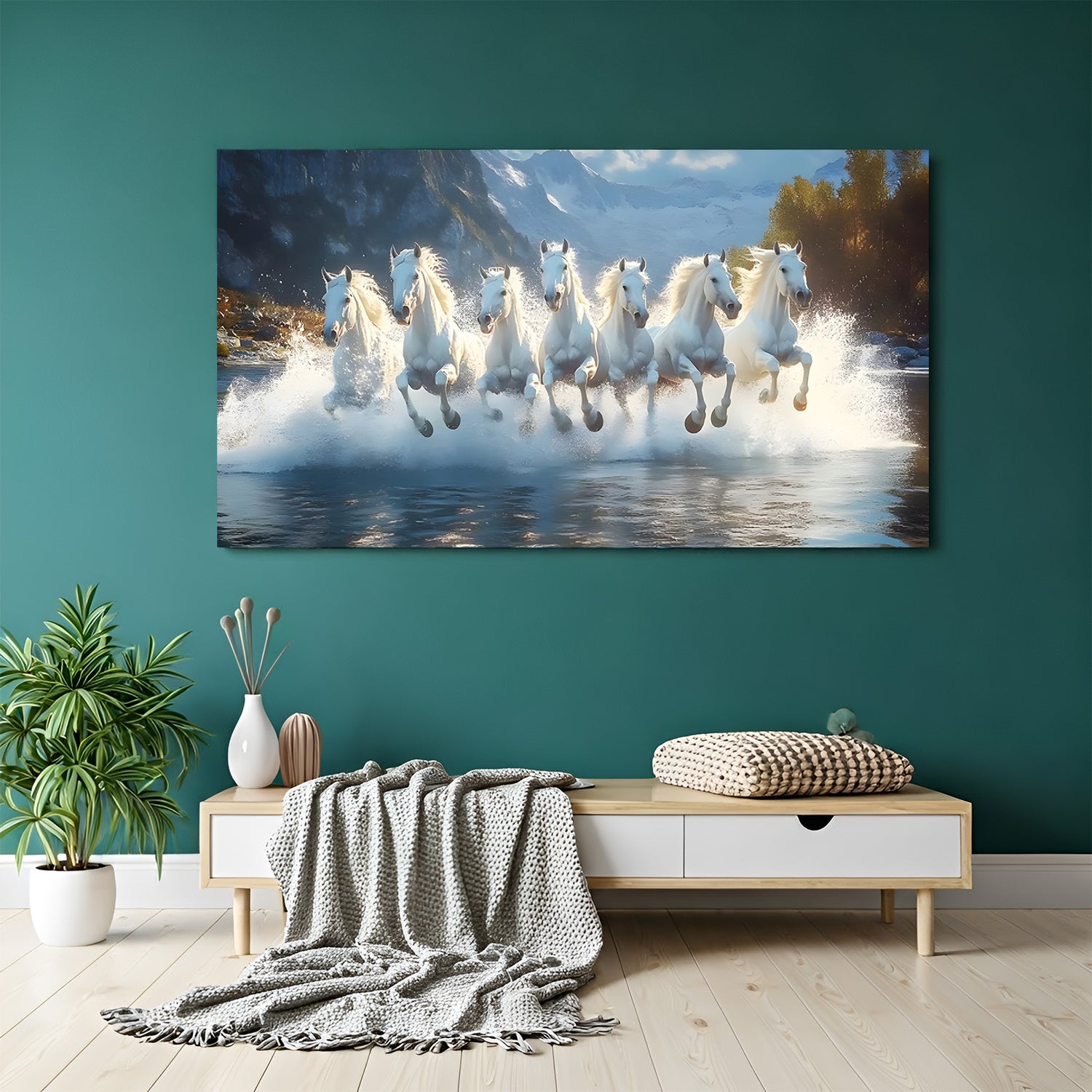 7 white running horses Vastu canvas wall art with mountain and water background