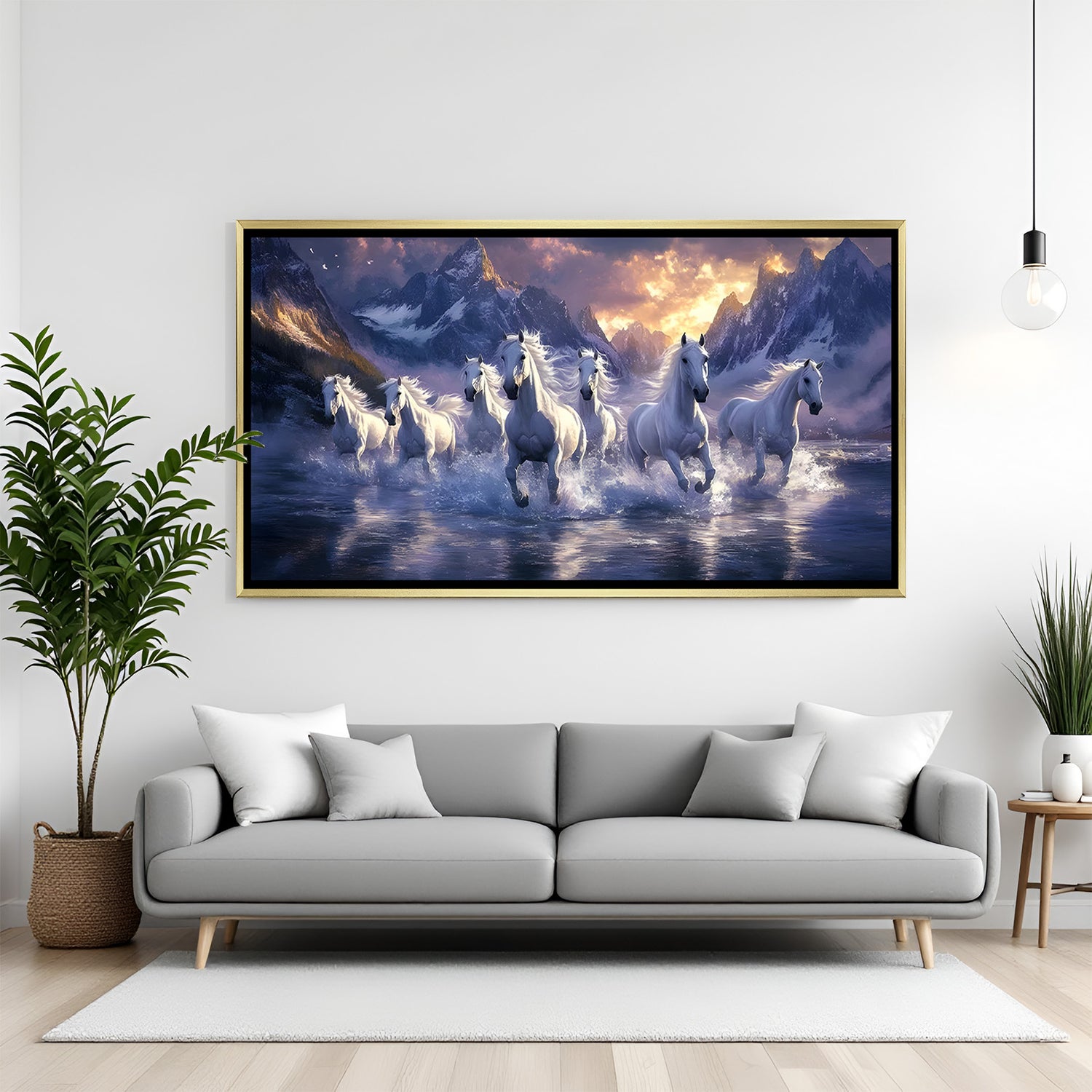 7 white horses vastu painting in golden floater frame symbolising success prosperity and positive energy