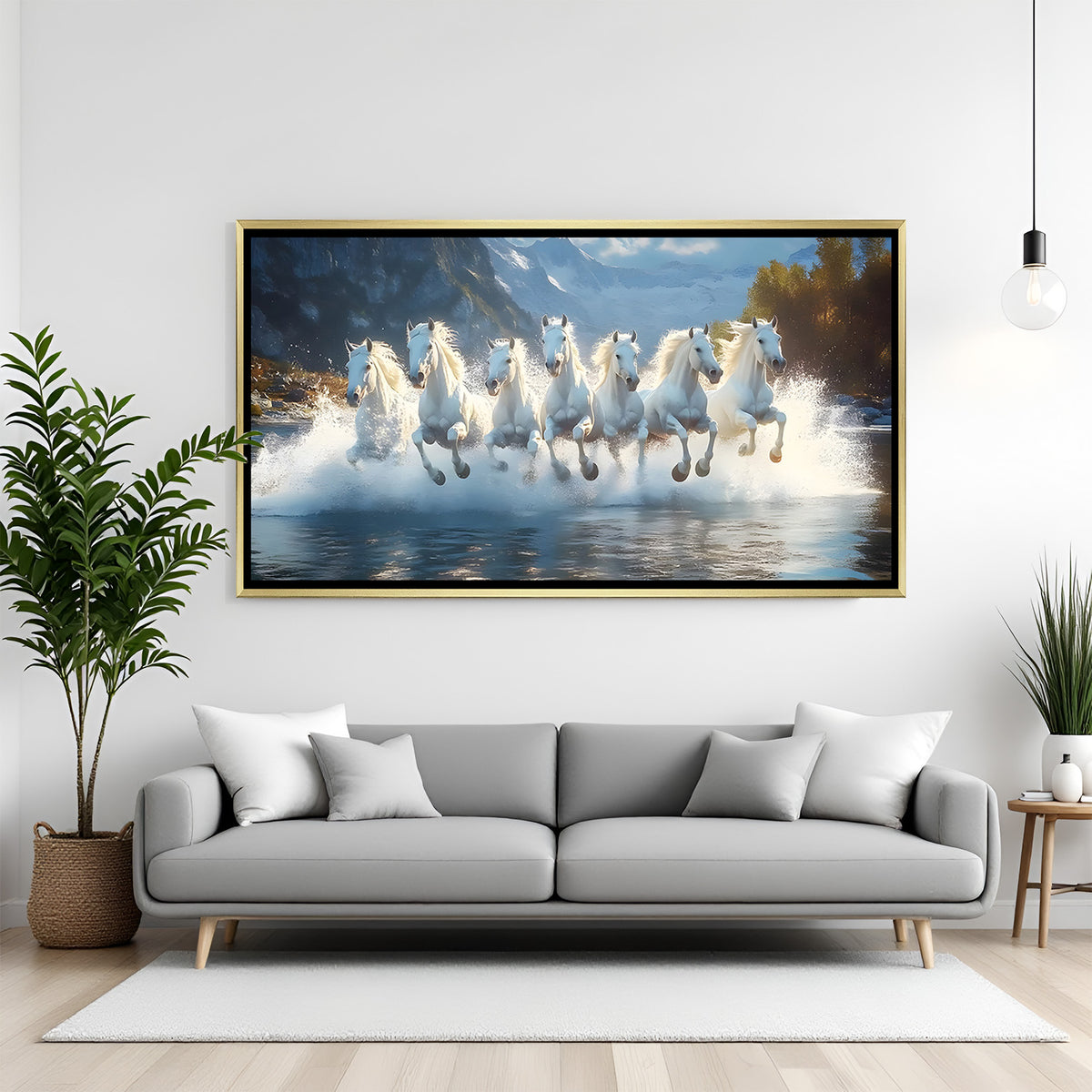7 white horses wall art in golden floater frame for home and office