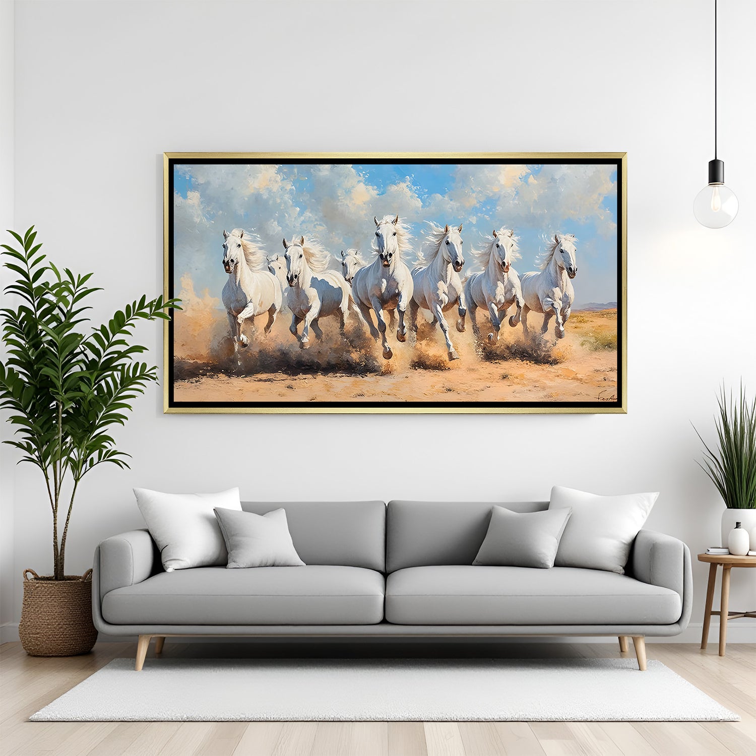 Luxury 7 white running horses wall art in golden floater frame for home decor