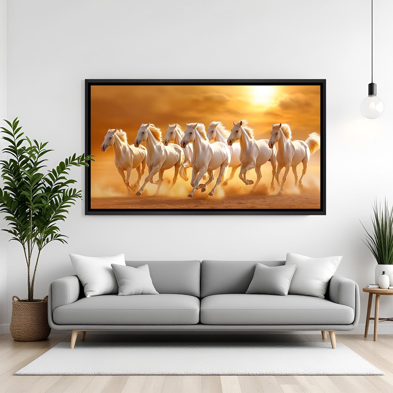 Seven white horses golden sunset Vastu painting in black floater frame for office