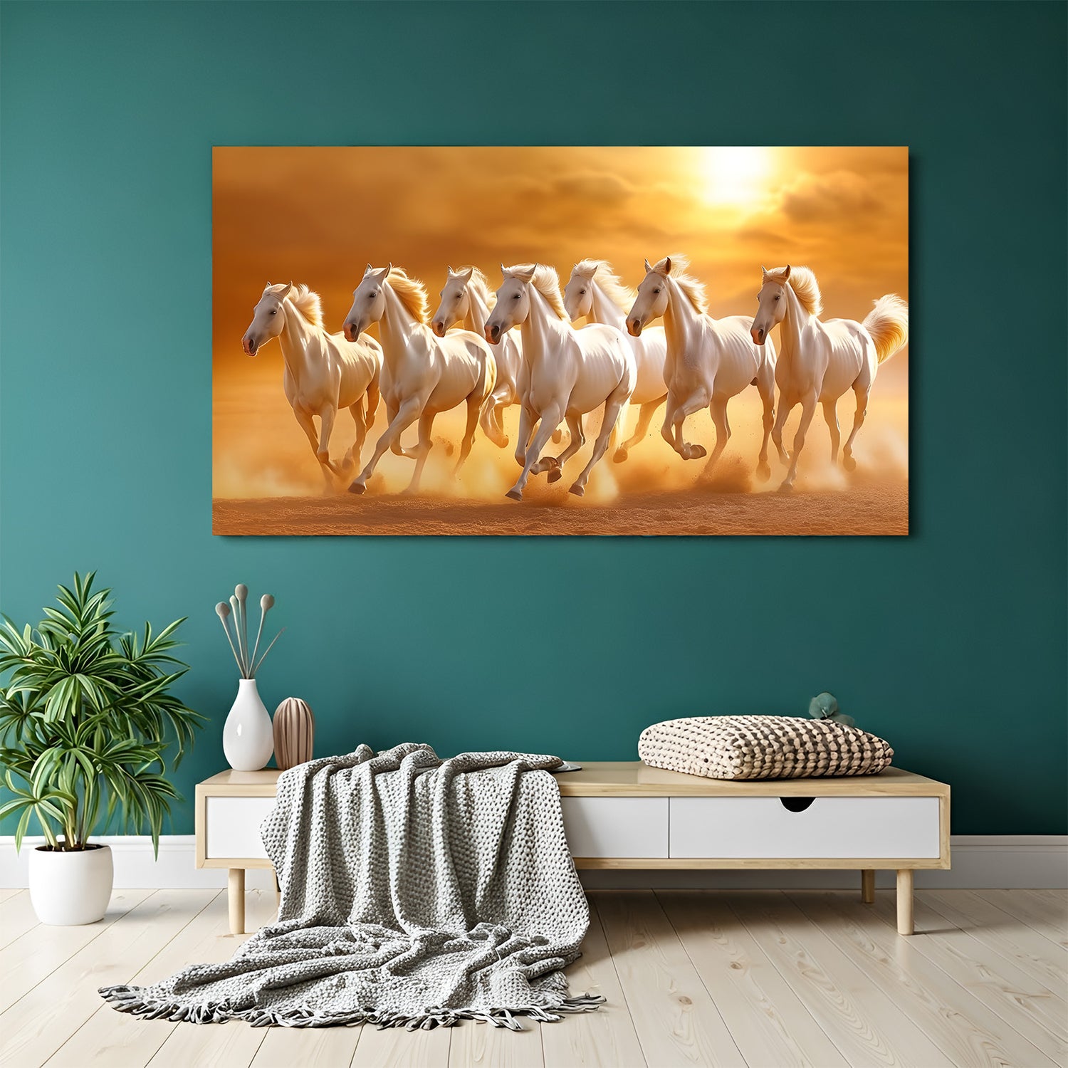 7 white running horses golden sunset canvas wall art for living room Vastu decor