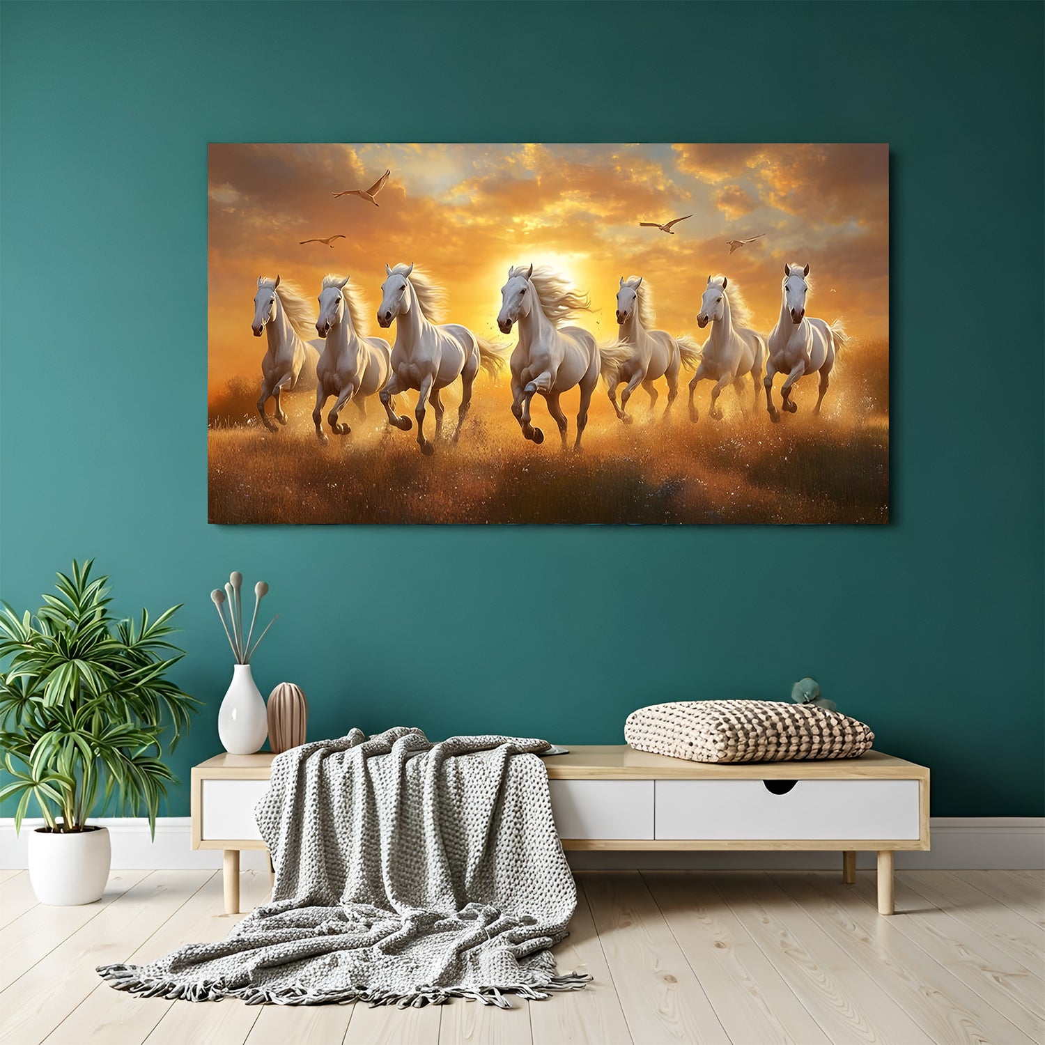 7 white running horses sunset canvas wall art for living room as per Vastu