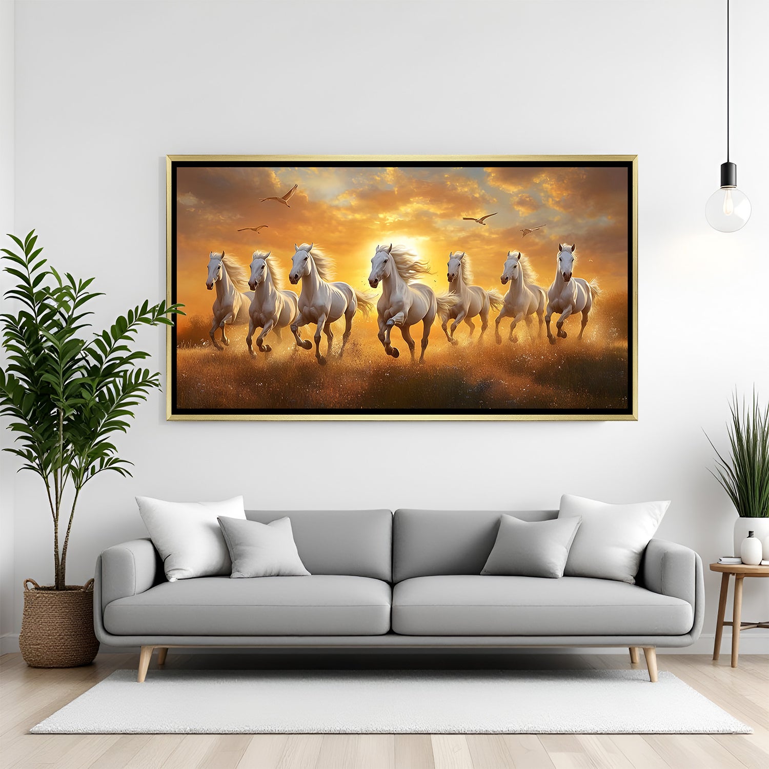 Luxury 7 white running horses sunset wall art in golden floater frame for home decor