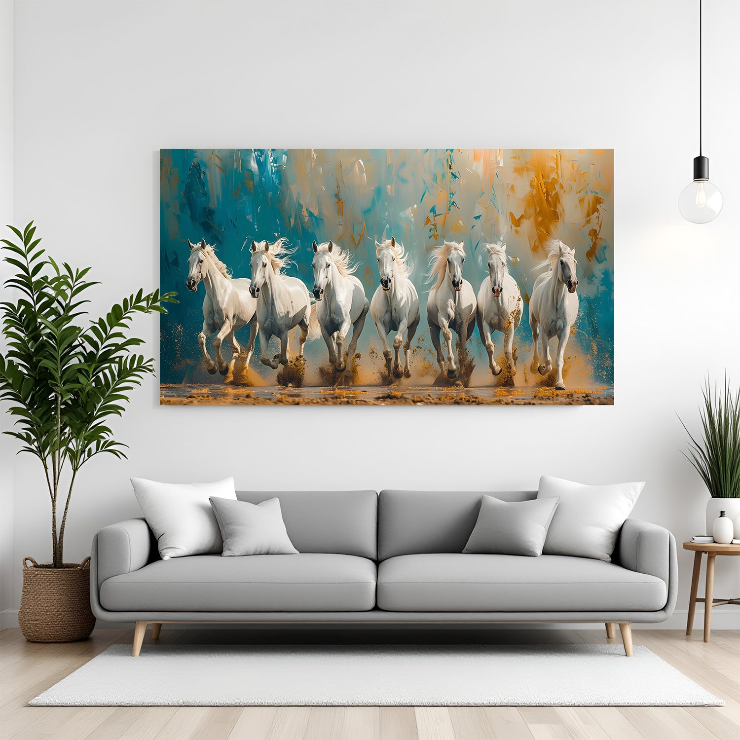 7 white running horses teal gold canvas wall art for living room Vastu decor