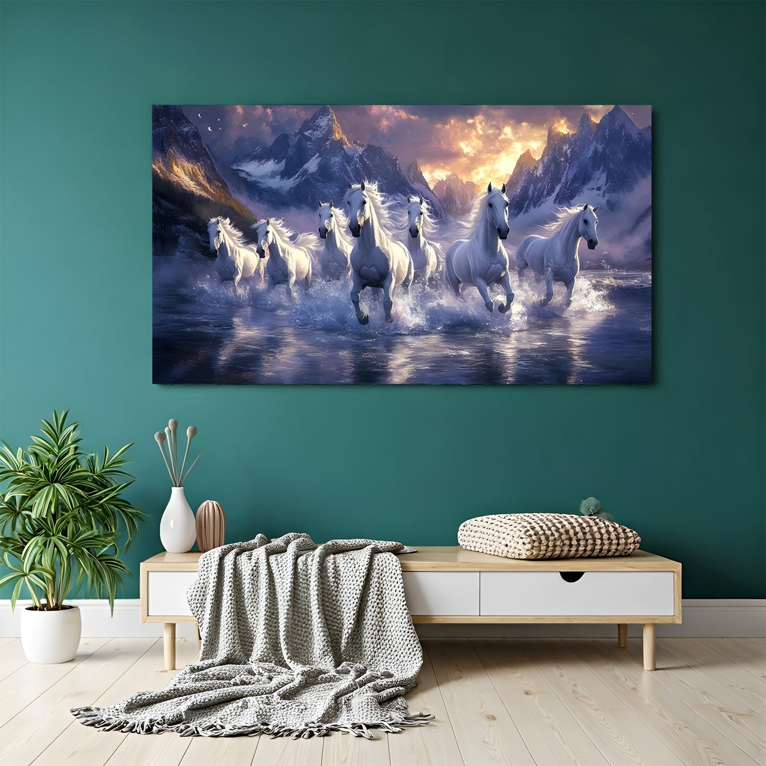 7 white running horses vastu wall art in canvas wrapped frame with mountain and water background