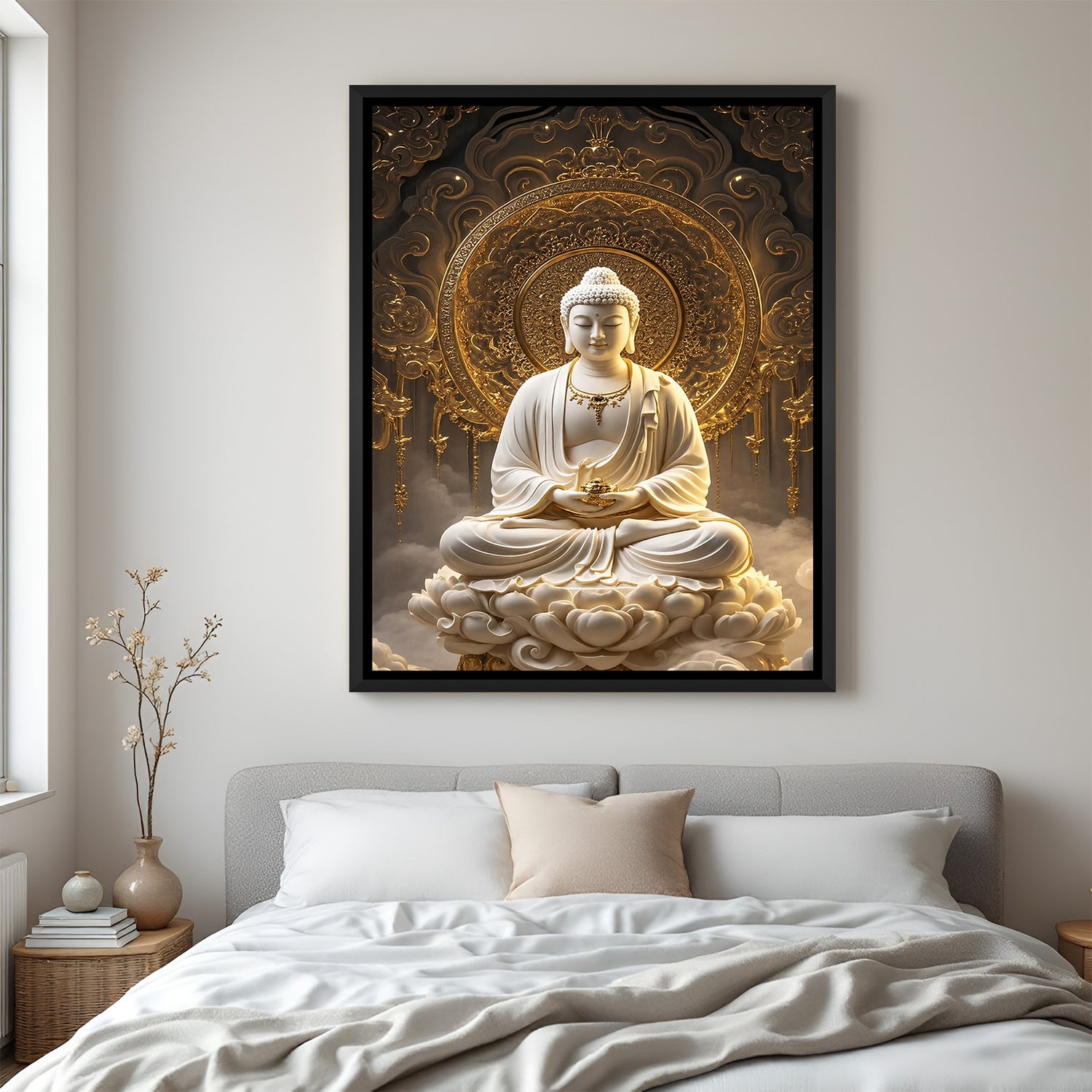 Golden Aura Buddha Wall Art in Black Floater Frame symbolizing peace, balance, and spiritual calmness in home interiors