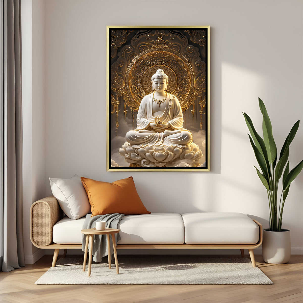 Golden Aura Buddha Wall Art in Golden Floater Frame – elegant spiritual wall decor for serenity and meditation rooms