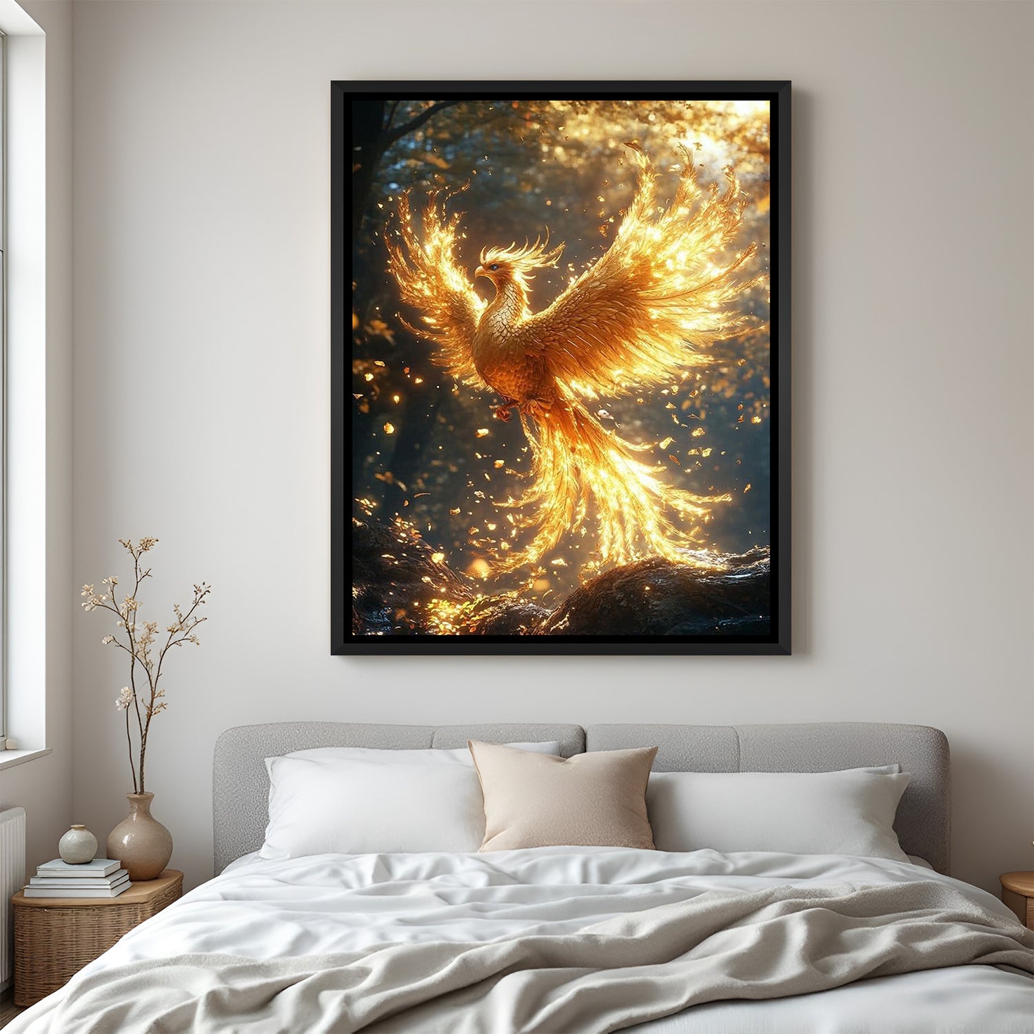 Golden Phoenix Wall Art in Black Floater Frame – Elegant artwork symbolizing power, hope, and renewal for stylish living room and home interiors