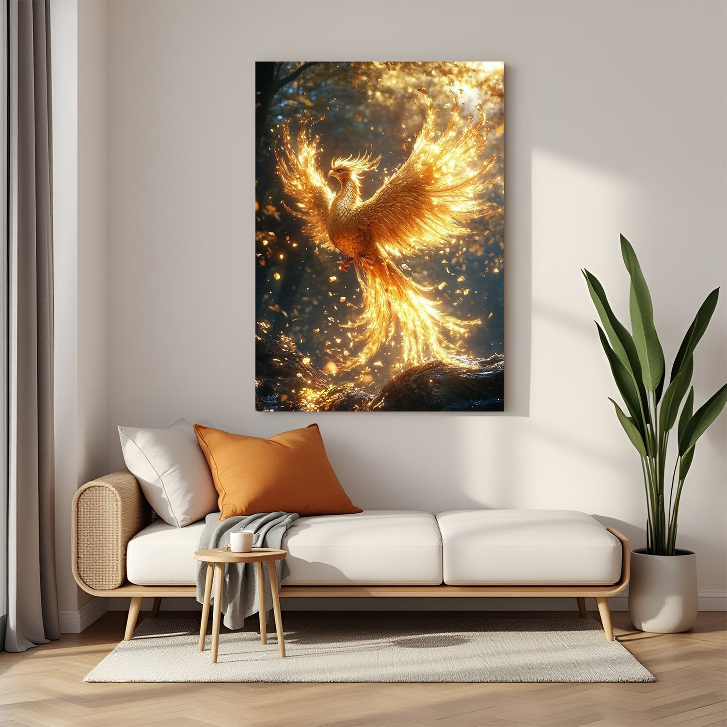 Golden Phoenix Canvas Wrapped Wall Art – Fiery bird of rebirth and transformation adding strength, positivity, and luxury to modern home decor